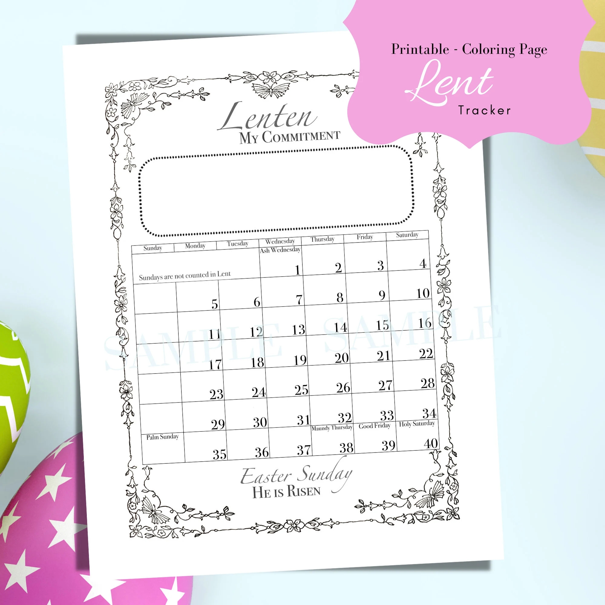 Printable Lent Tracker PDF Download 40 Day Lenten Sacrifice Planner Calendar Journal Coloring Sheet For Adults And Kids Easter Etsy