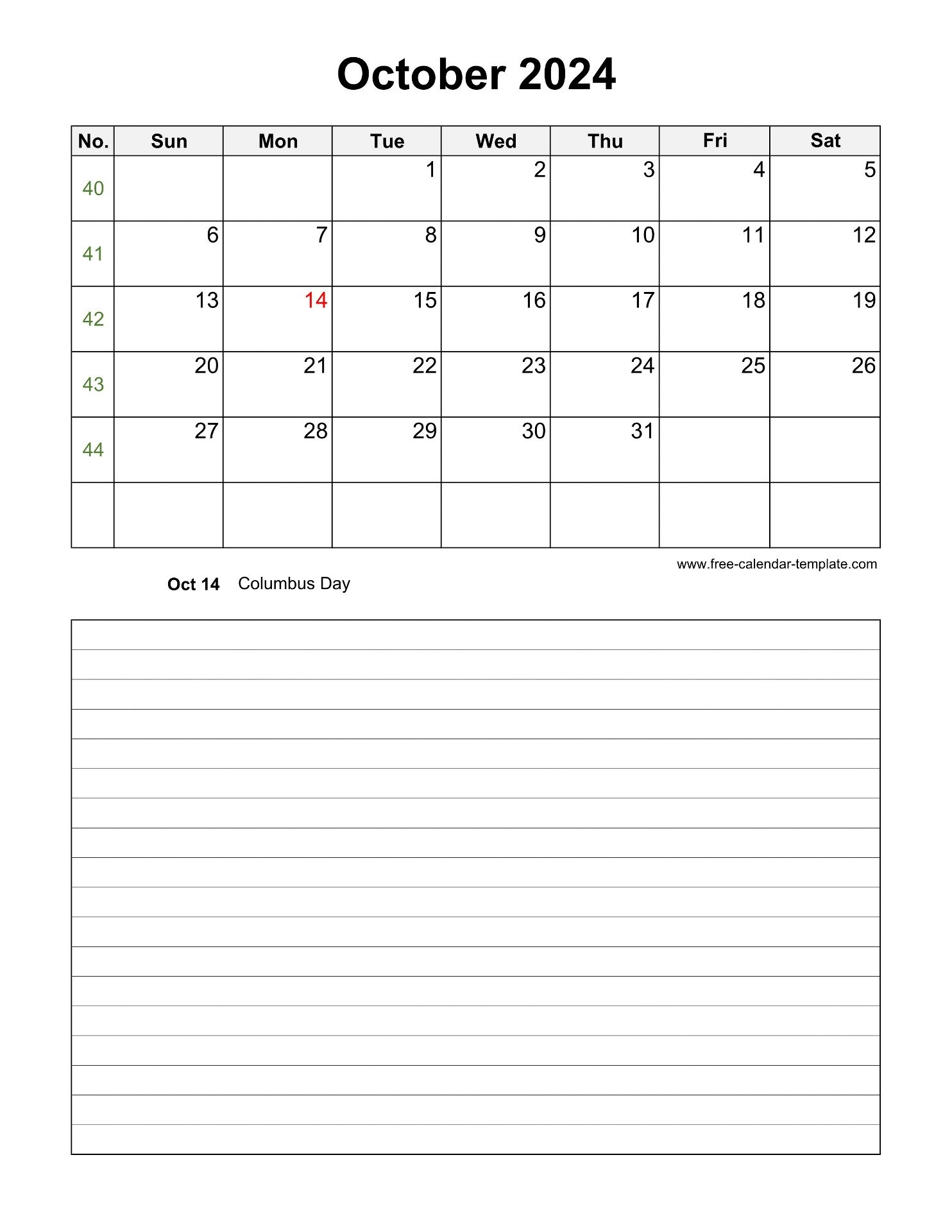 Printable October 2024 Calendar With Space For Appointments vertical Free calendar template