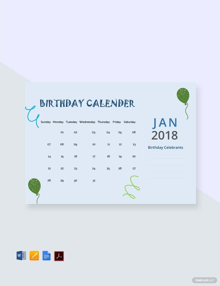 sample birthday calendar template in word pages pdf google docs download template