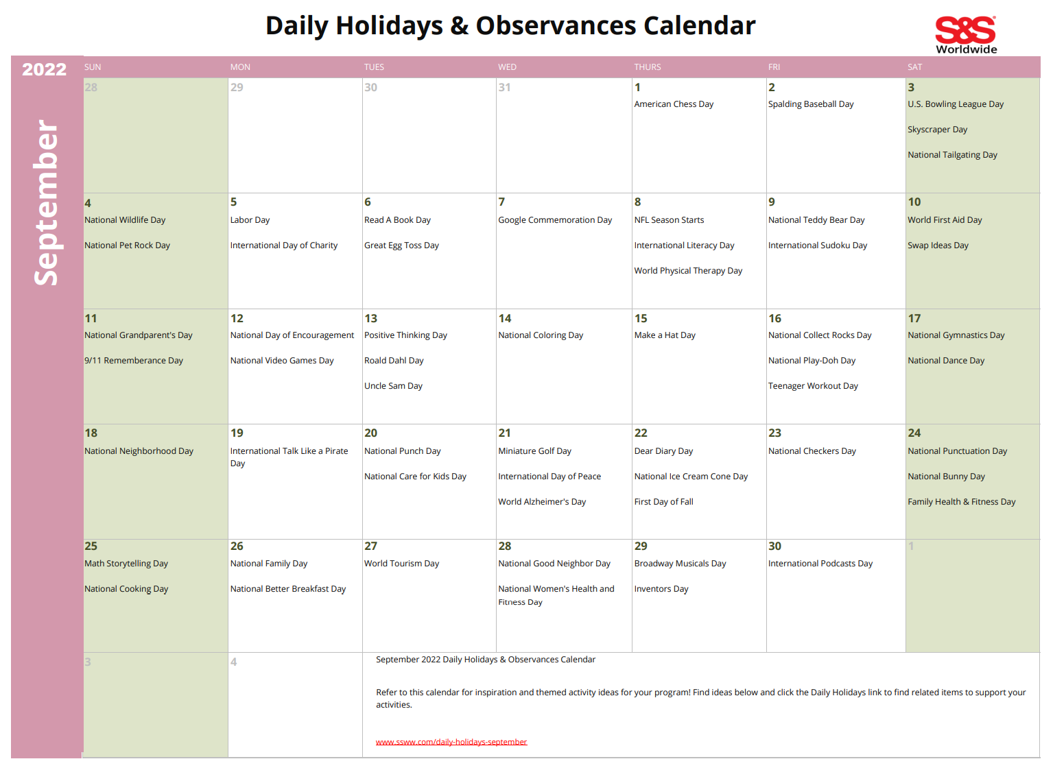 September 2022 Printable Daily Holiday Calendar S S Blog