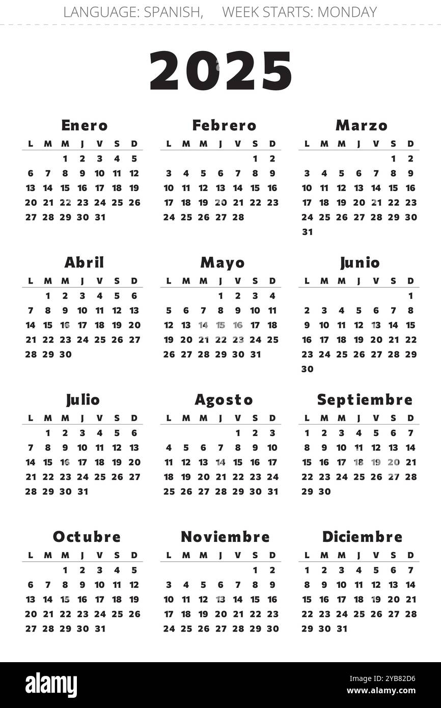 spanish 2025 year calendar printable vector black and red colors illustration for spain good for large print stock vector image art alamy