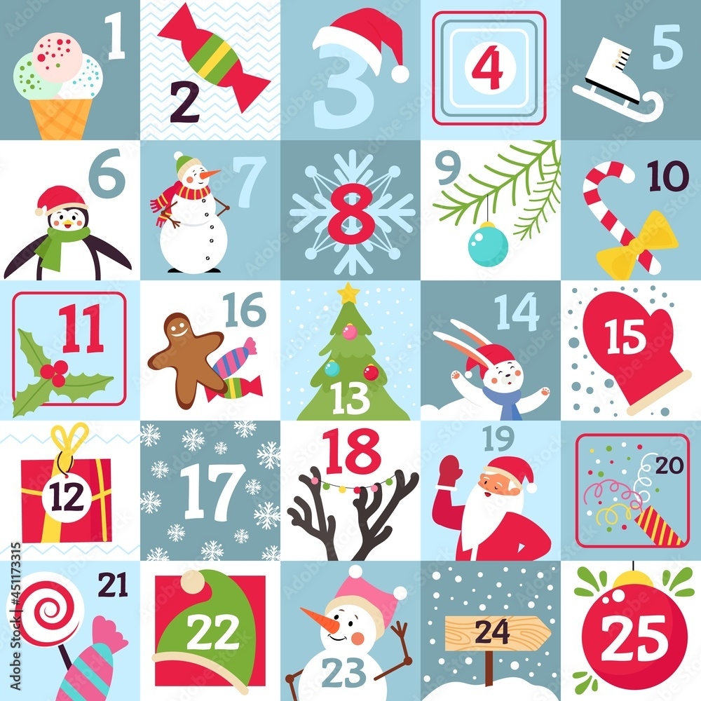 Stock Vektorgrafik Advent Calendar Printable Christmas Gift Countdown Day Numbers To Holidays Xmas Greetings Festive Cartoon Snowman Print Decent Vector Template Adobe Stock