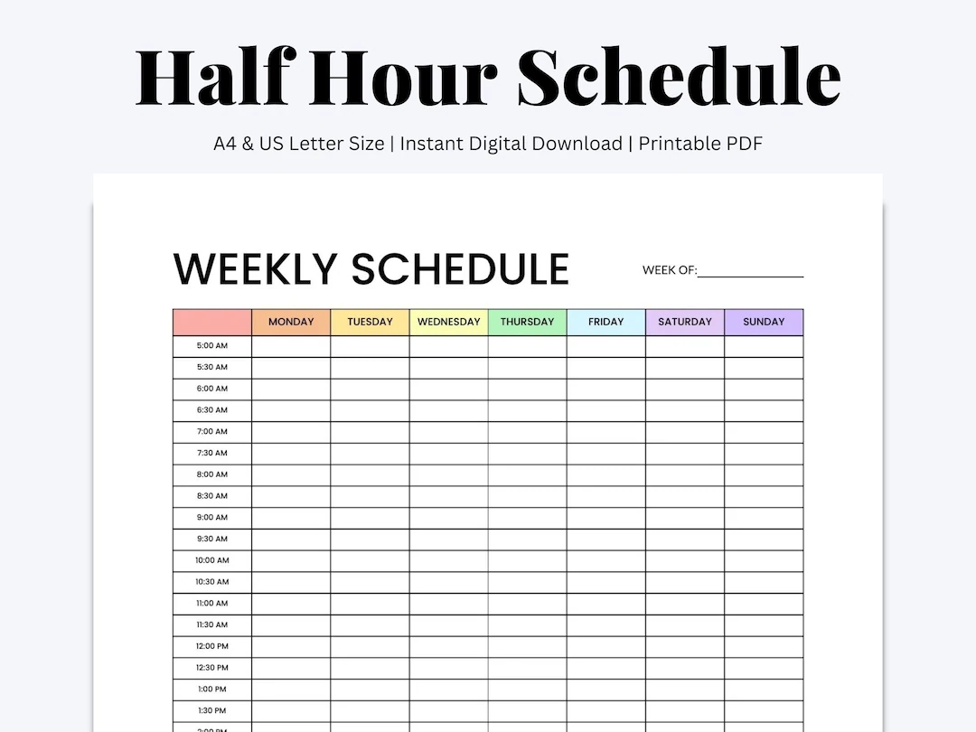 Weekly Schedule Half Hour Weekly Planner Hour By Hour Planner Block Time Schedule Productivity Planner Printable PDF US Letter A4 Etsy