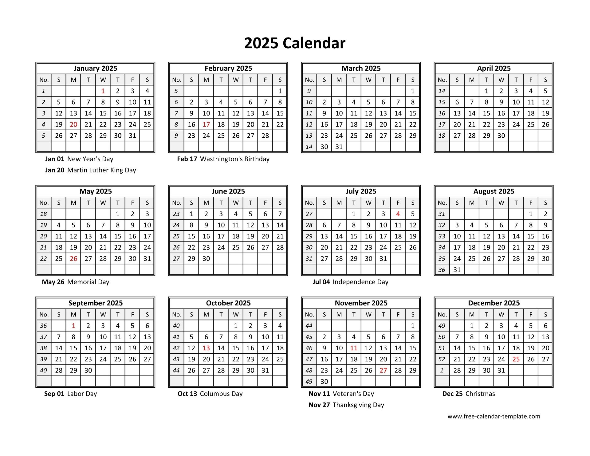 Yearly Calendar 2025 Printable With Federal Holidays Free calendar template