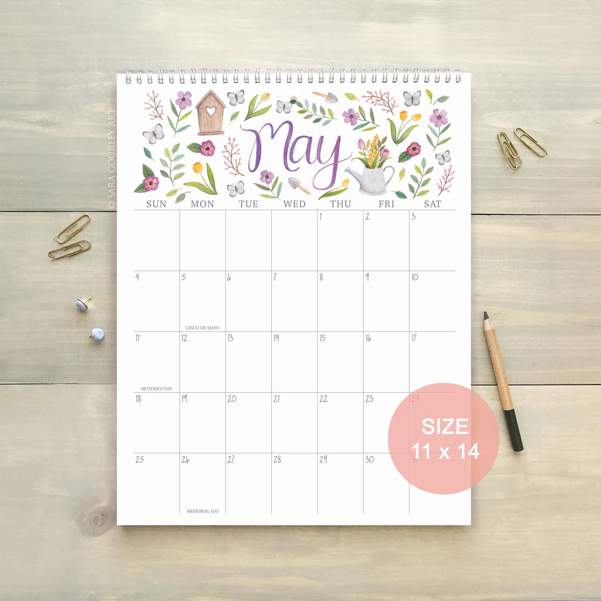 11x14 Large 2025 Watercolor Wall Calendar Seasonal Hand Painted Illustration Gift For Her Christmas Gift Monthly Grid Etsy