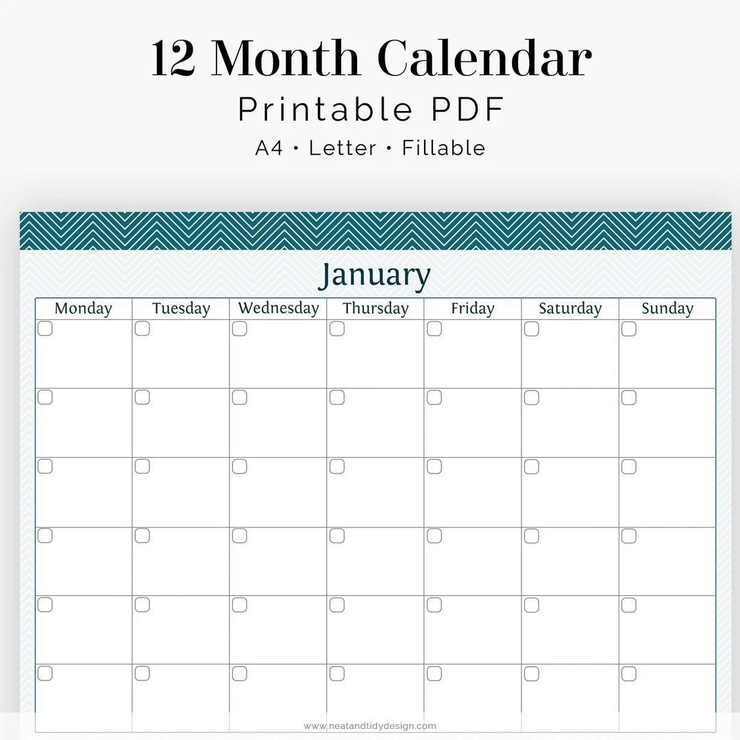 12 Month Calendar Fillable Printable PDF Printable Planner Chevron Instant Download Etsy