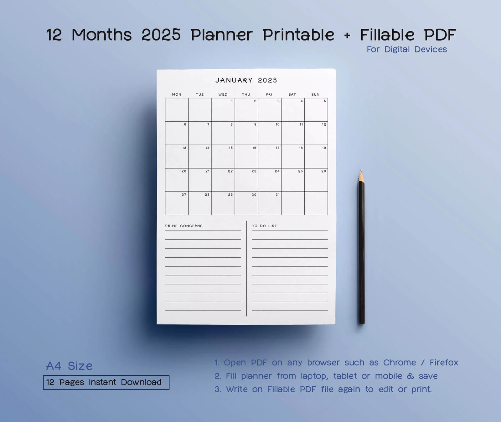 12 Month Planner Calendar 2025 Printable PDF Fillable PDF For 3 Designbolts