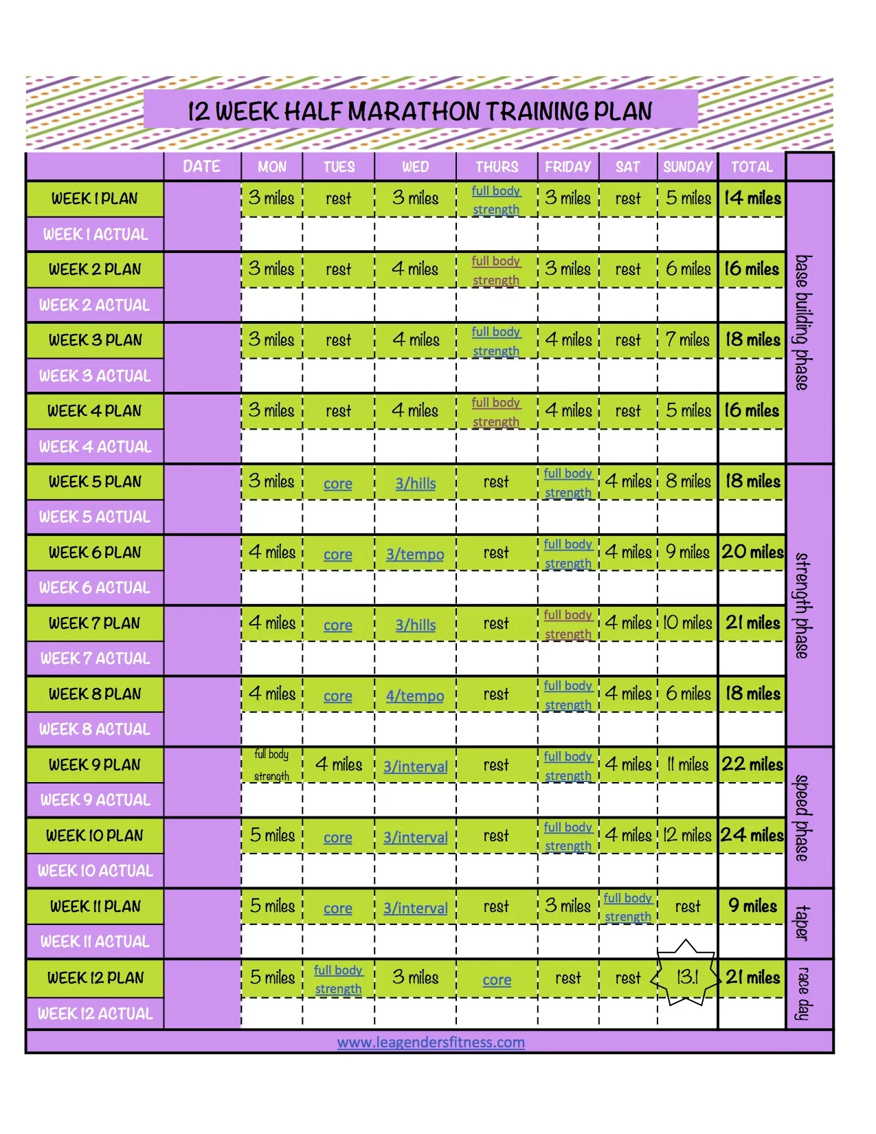 12 Week Half Marathon Training Plan And PDF Download Lea Genders Fitness