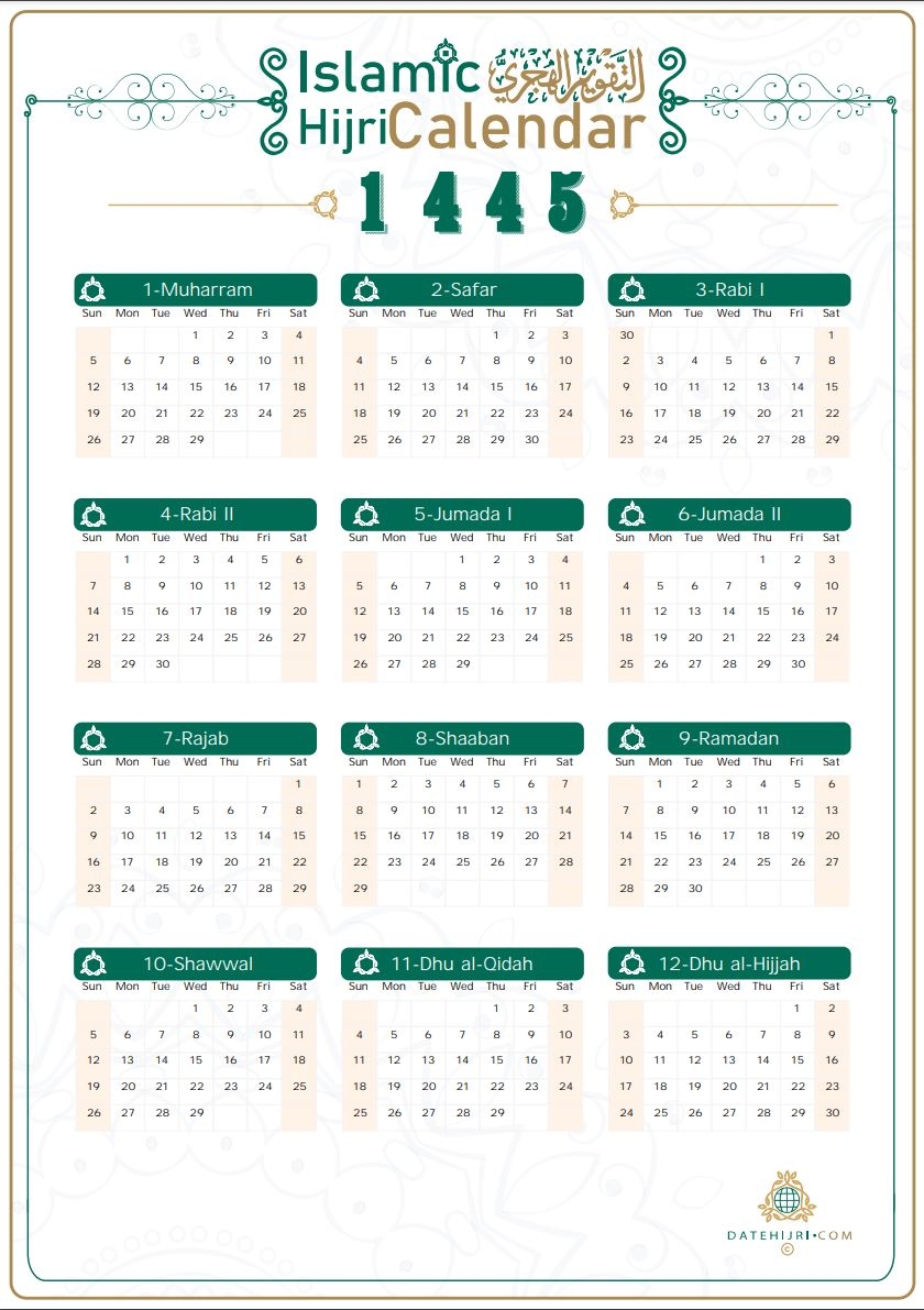 1443 Hijri Calendar Printable