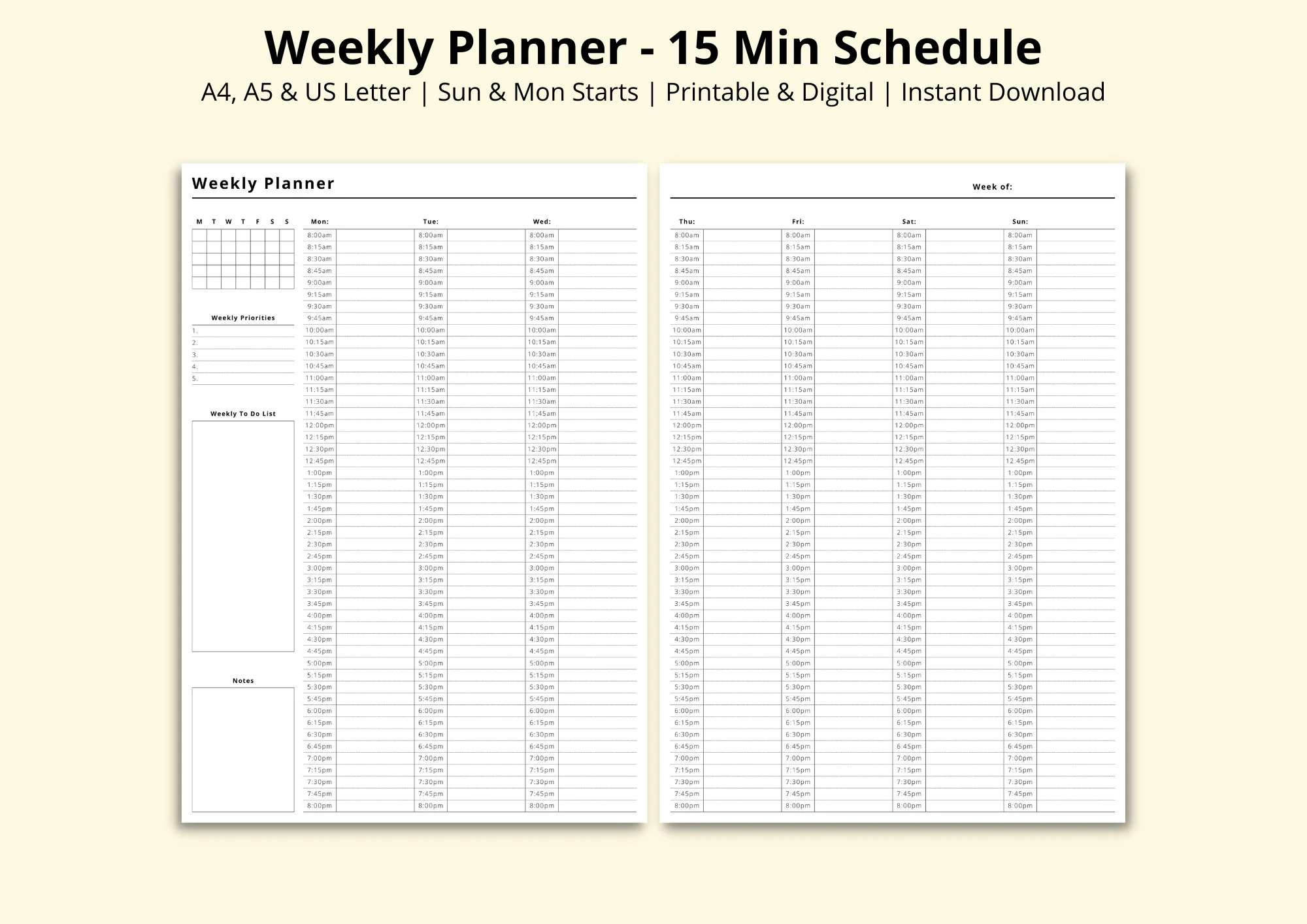 15 Minute Weekly Schedule Time Blocking PDF 7 Day Planner Revision study Timetable Productivity Planner Printable digital A4 a5 letter Etsy