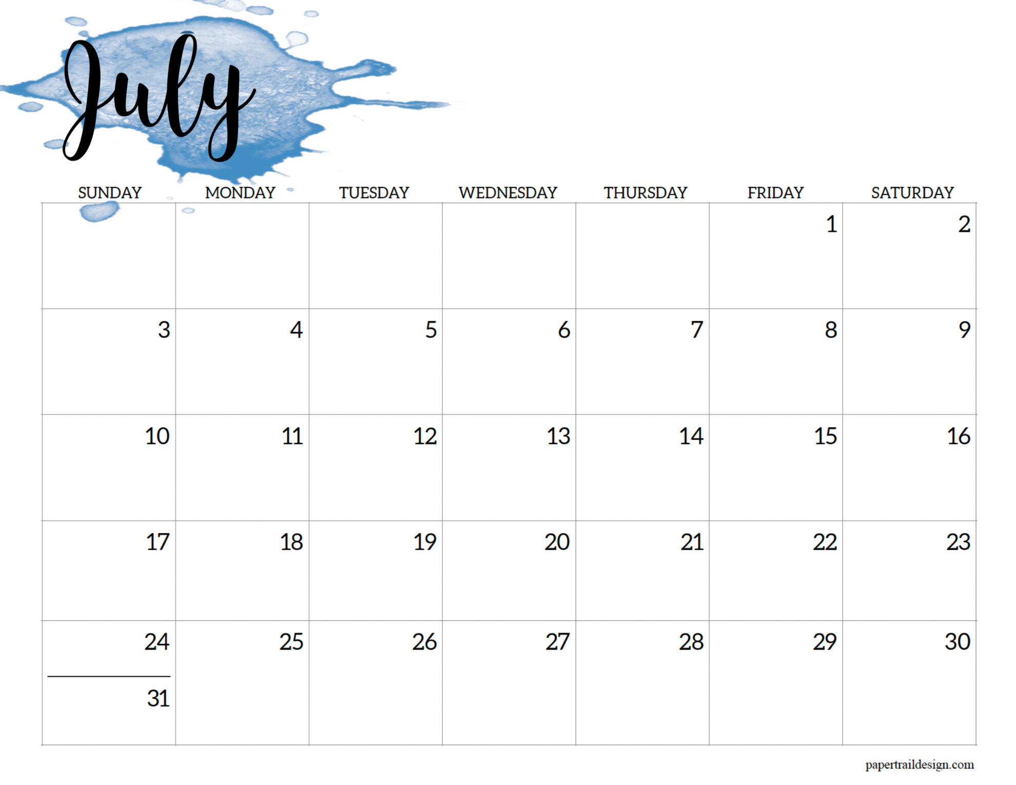 2022 Calendar Printable Watercolor Paper Trail Design
