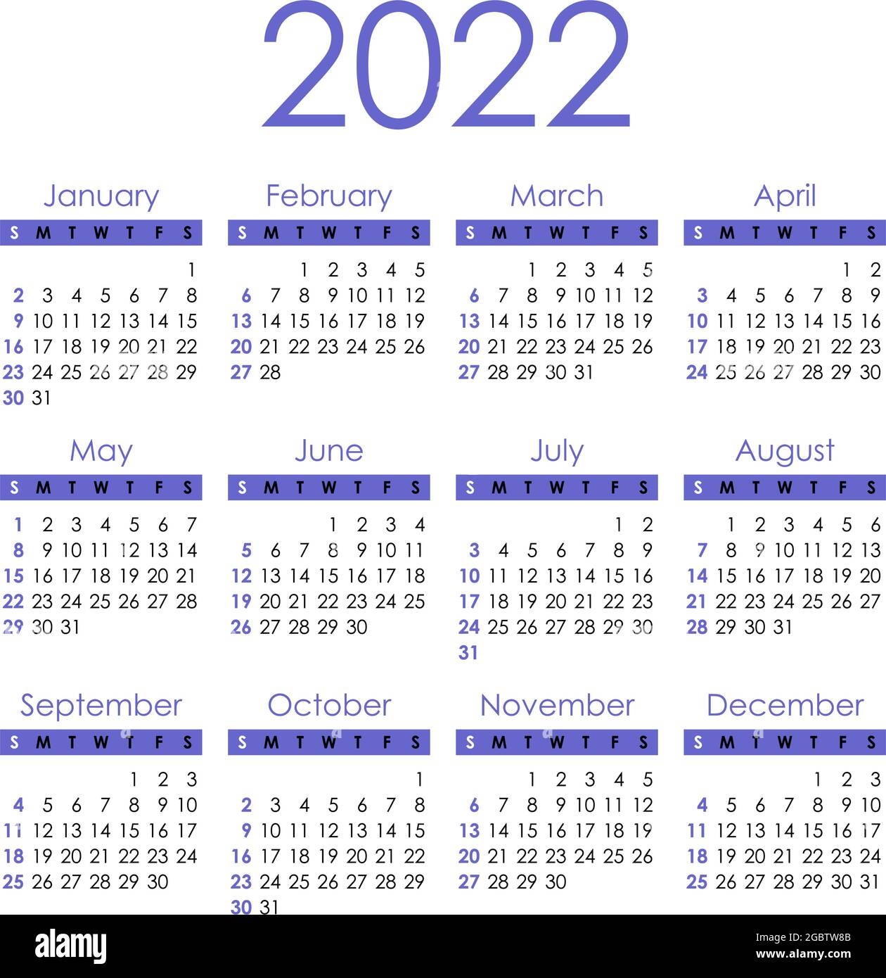 2022 Calendar Template Week Start Sunday Calendar Design In Black And White Holidays In Colors Vector Stock Vector Image Art Alamy