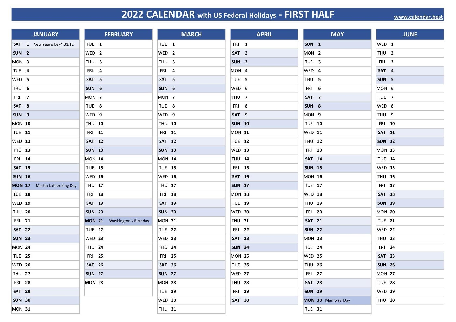 2022 Half Year Calendar To Print