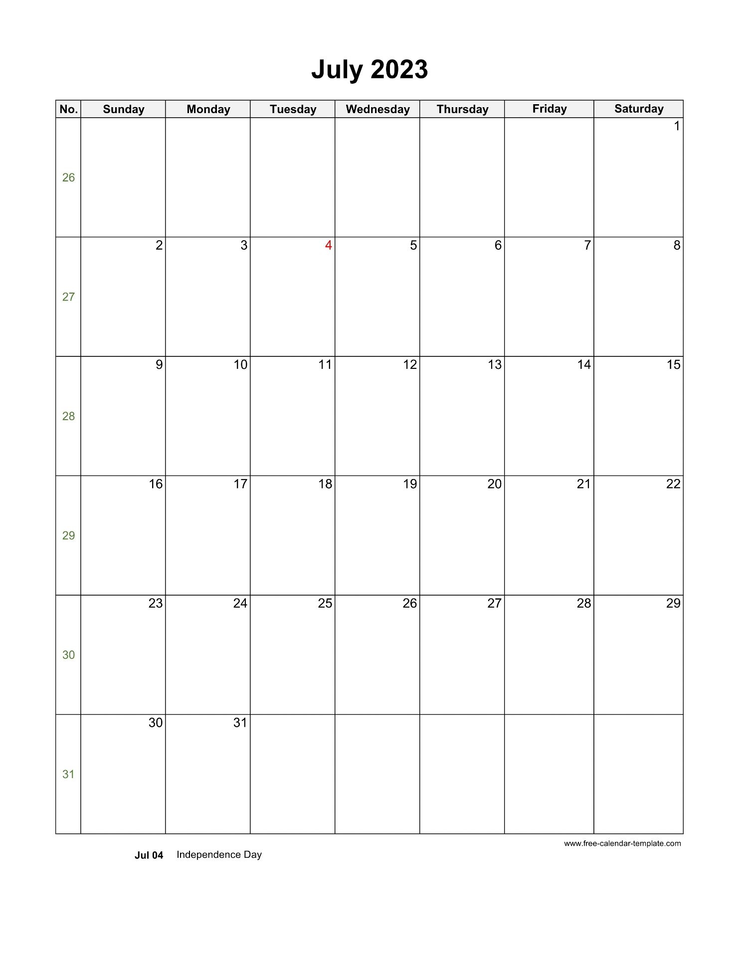 2023 July Calendar Blank Vertical Template Free calendar template