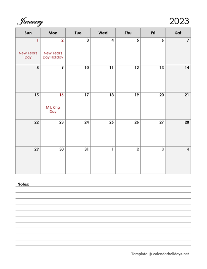 2023 Monthly Template CalendarHolidays