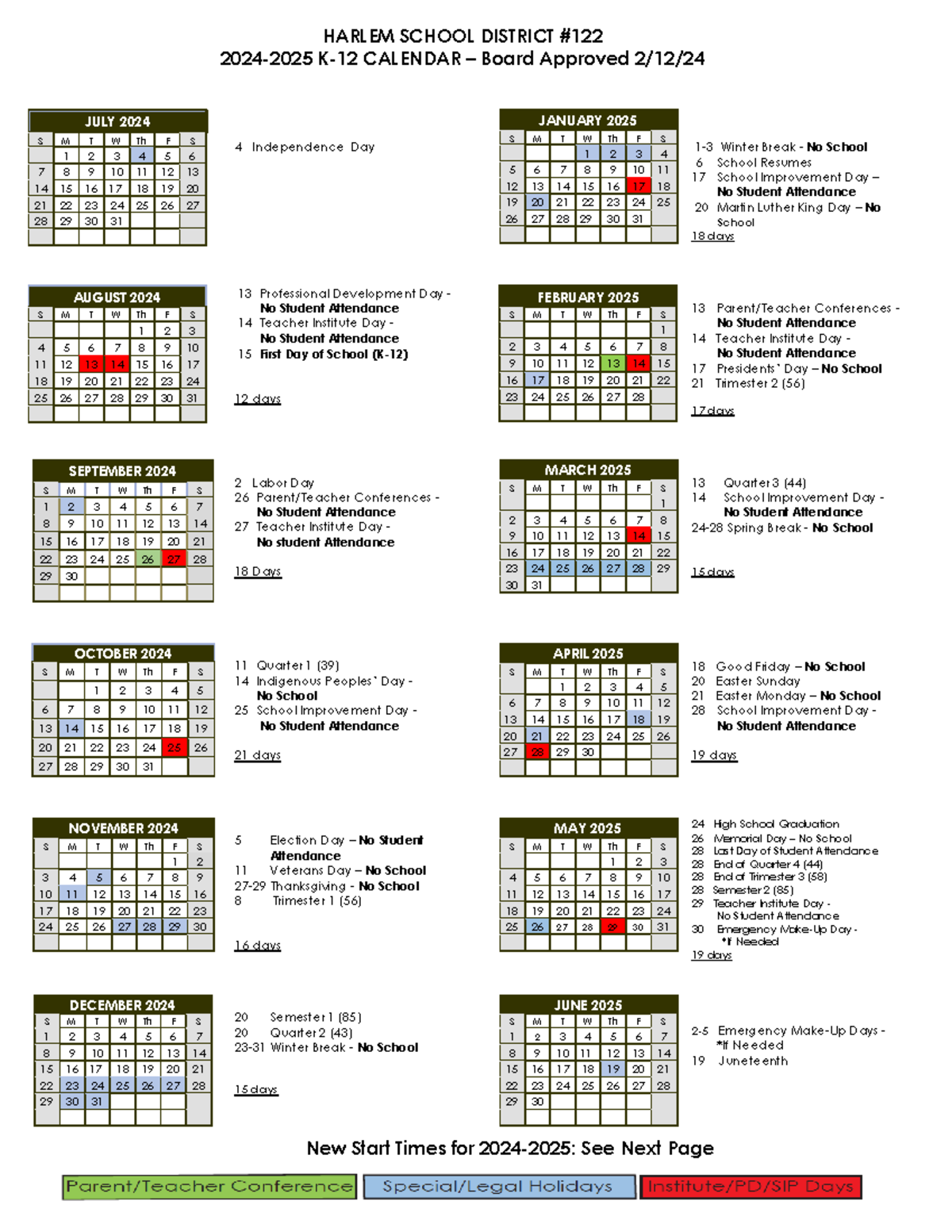 2024 2025 Calendar 7 Idk HARLEM SCHOOL DISTRICT 2024 2025 K 12 CALENDAR Board Approved 2 12 Studocu