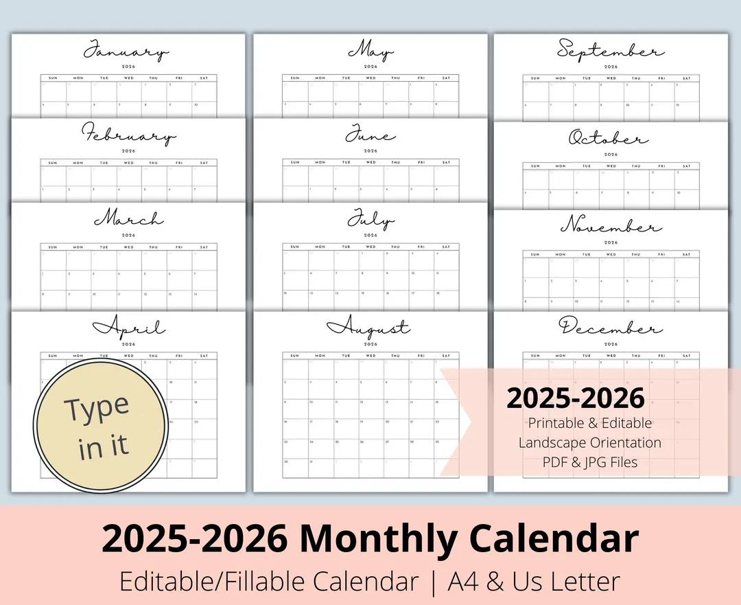 2025 2026 Editable Printable Calendars 2025 2026 Minimalist Calendar Bundle Minimalist Planner Simple Calendar Monthly Calendar Fillable Etsy