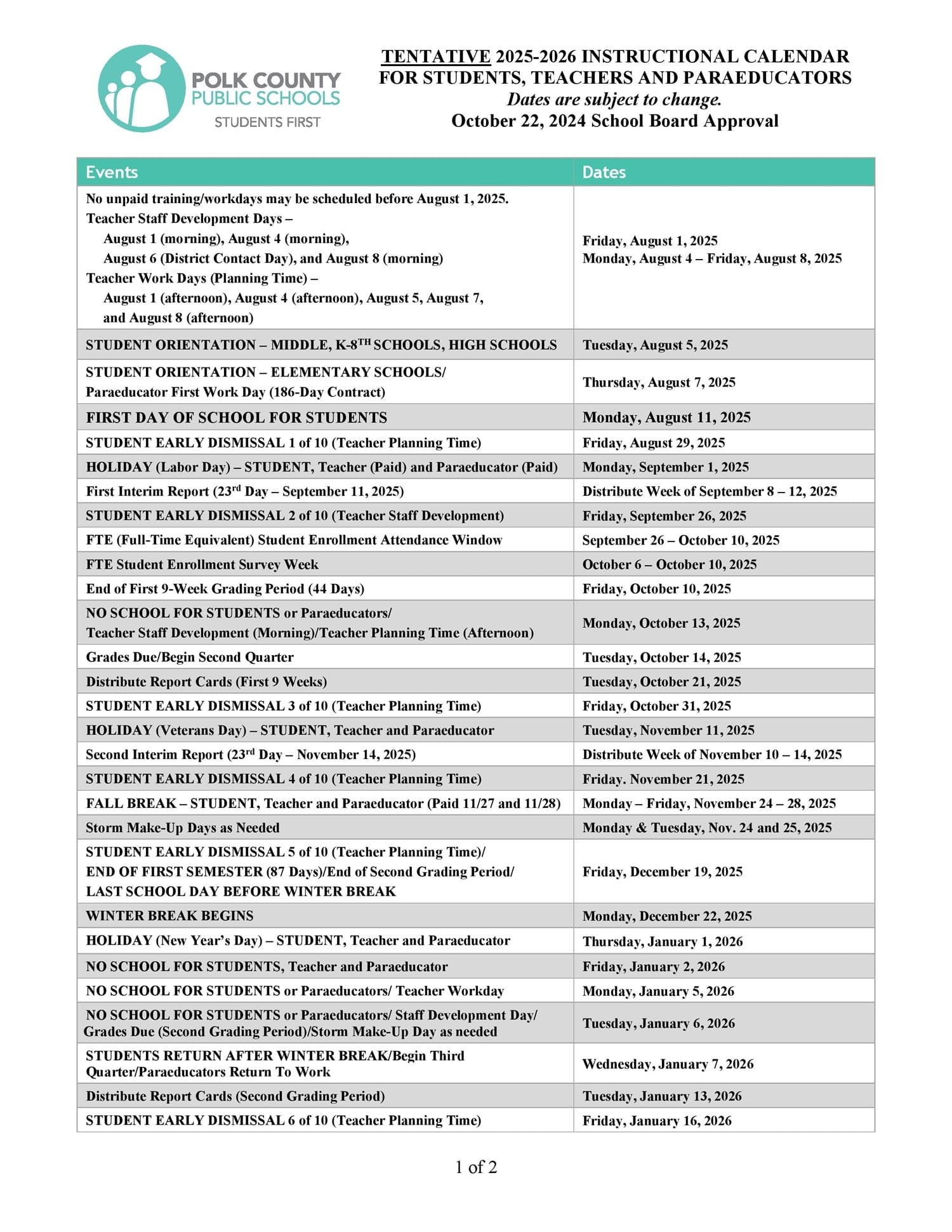 2025 2026 Polk County School Calendar Public Charter Private