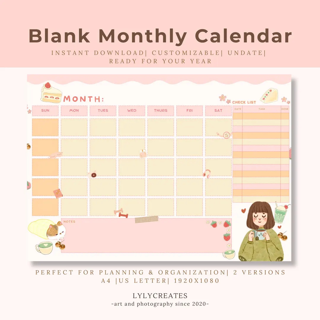2025 Blank Calendar Printable Customizable Undated Monthly Planner Editable Calendar Reusable Calendar For Any Year Digital Download Etsy