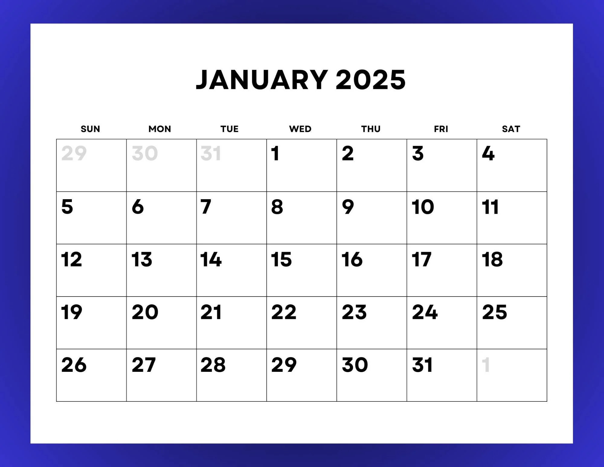 2025 Calendar Monthly Printable With Large Numbers Etsy
