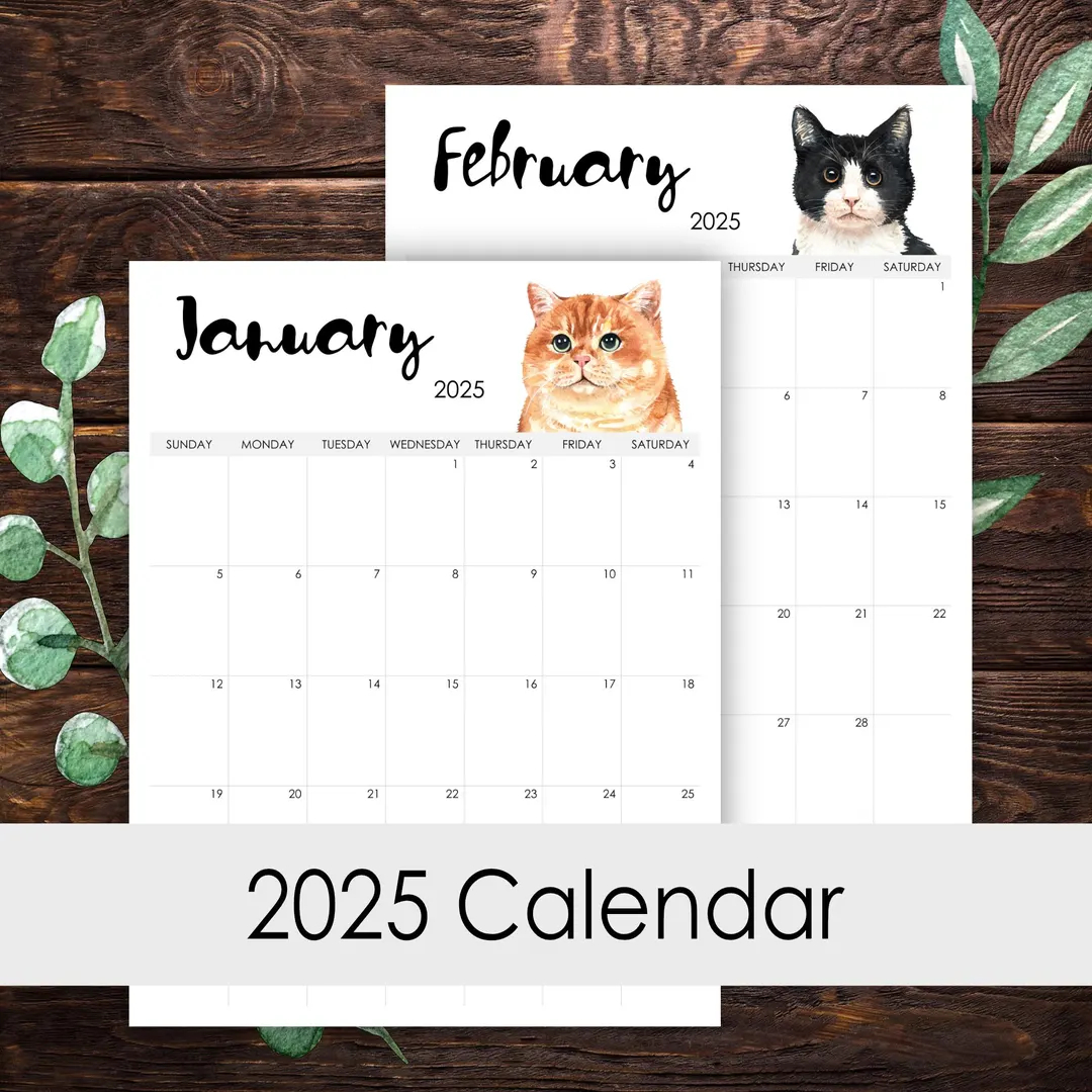 2025 Calendar Printable 12 Months Vertical Layout Watercolor Cats Lover Desk Wall Art Template Letter Size A3 A4 A5 Etsy