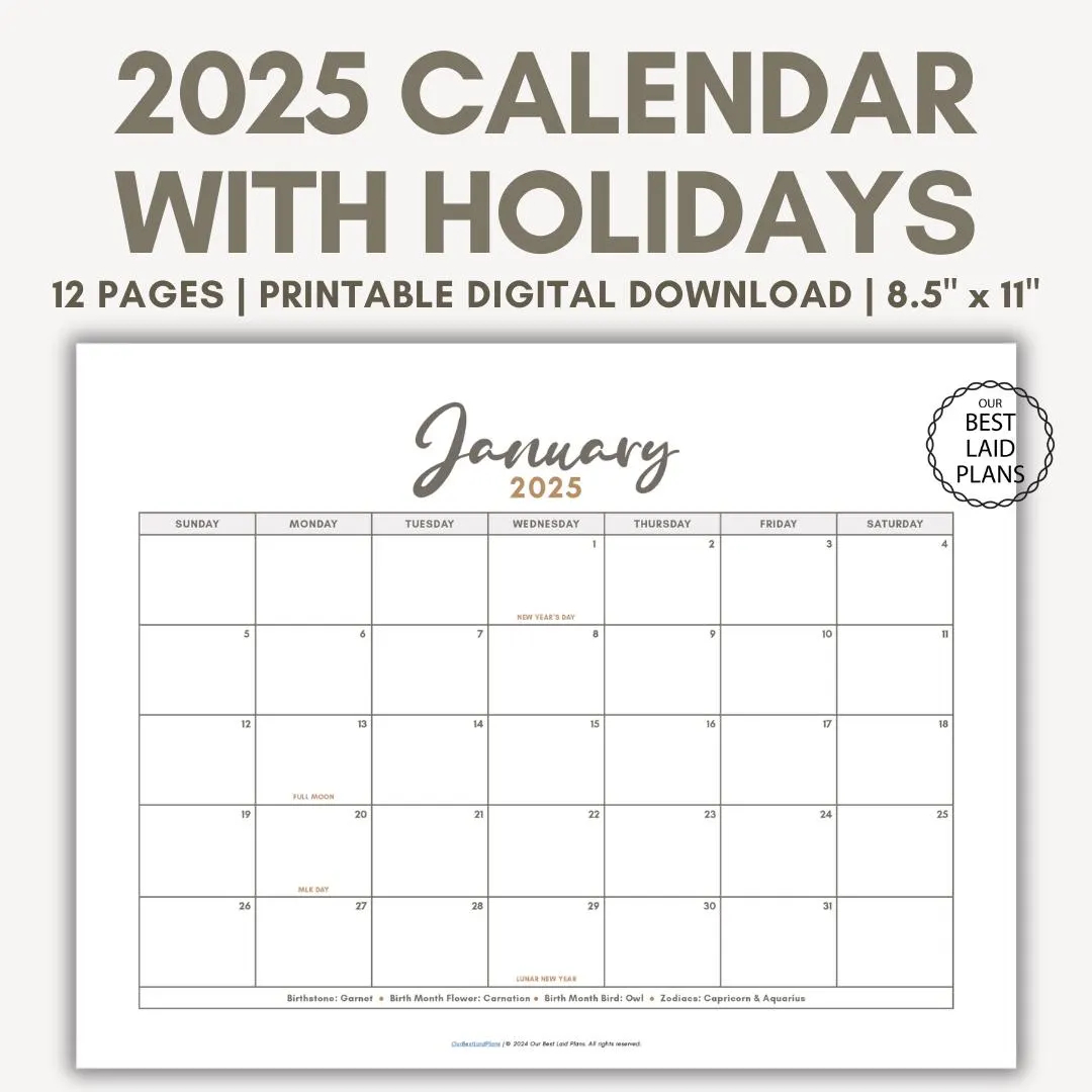 2025 Calendar Printable PDF 2025 Monthly Bundle Calendar Printable Year Annual 2025 Printable Calendar Landscape 2025 Calendar With Holidays Etsy