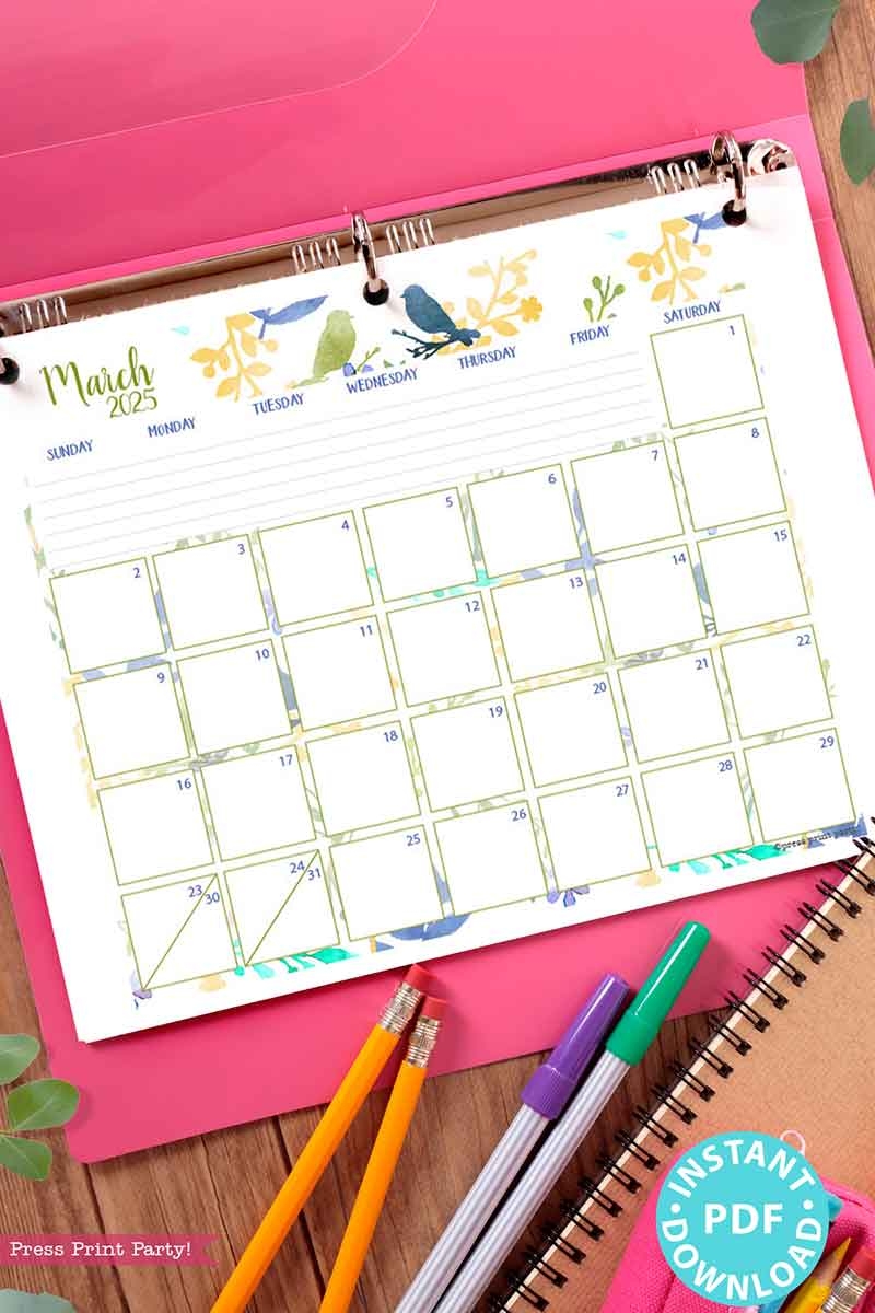 2025 Calendar Printable Set For Bullet Journals Or Binders Watercolor for Bullet Journals Or Binders 