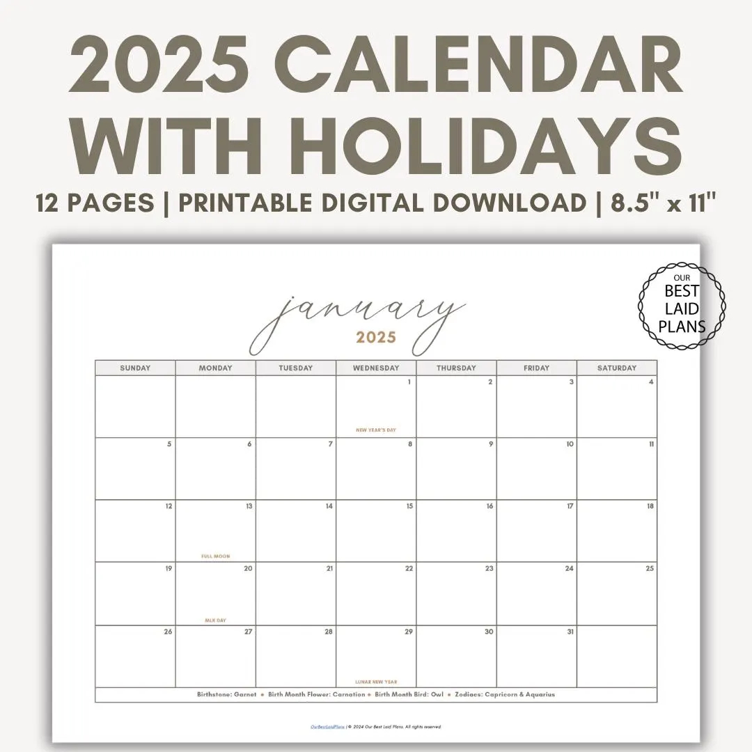 2025 Calendar With Holidays Etsy Canada