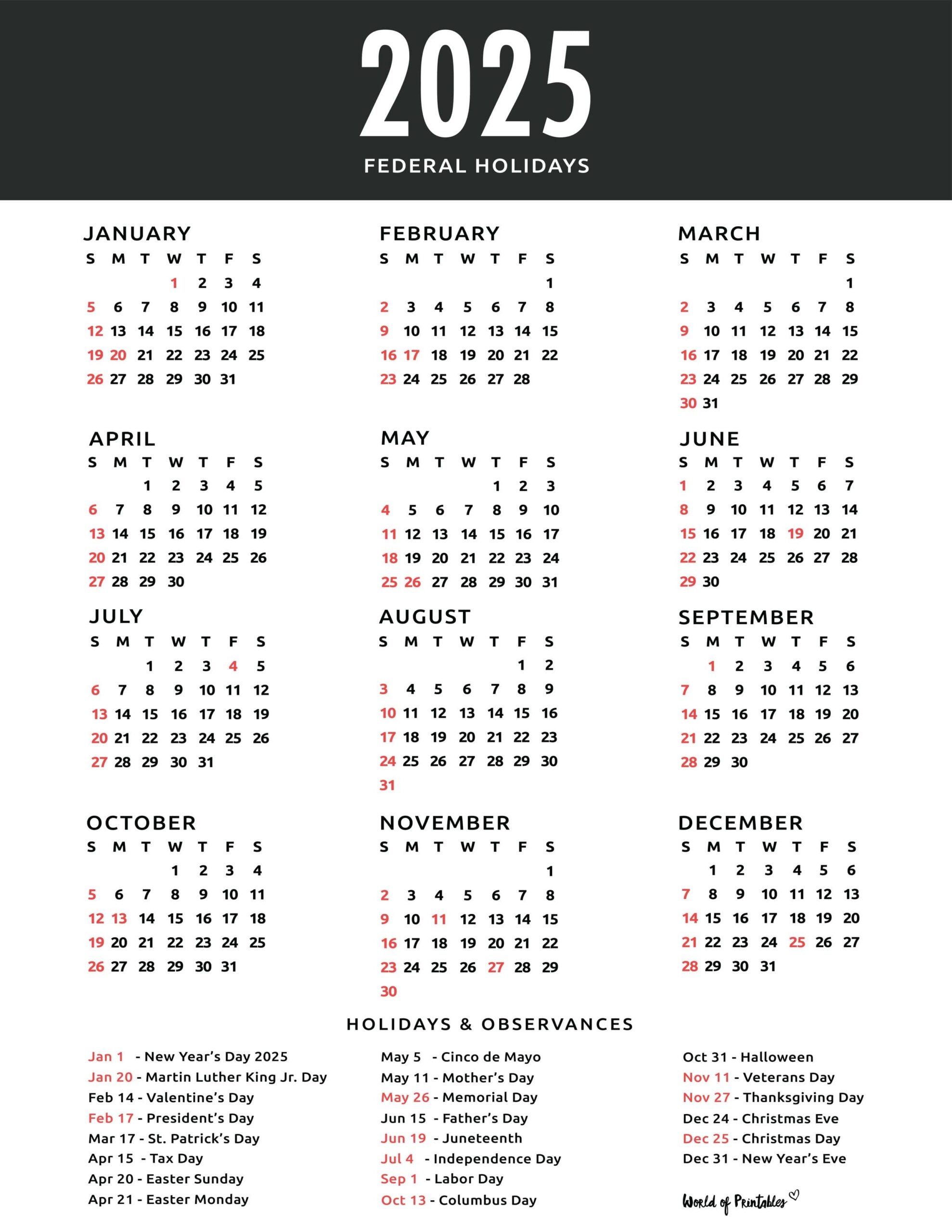 2025 Calendar With Holidays Free Printables In 28 Unique Styles World Of Printables