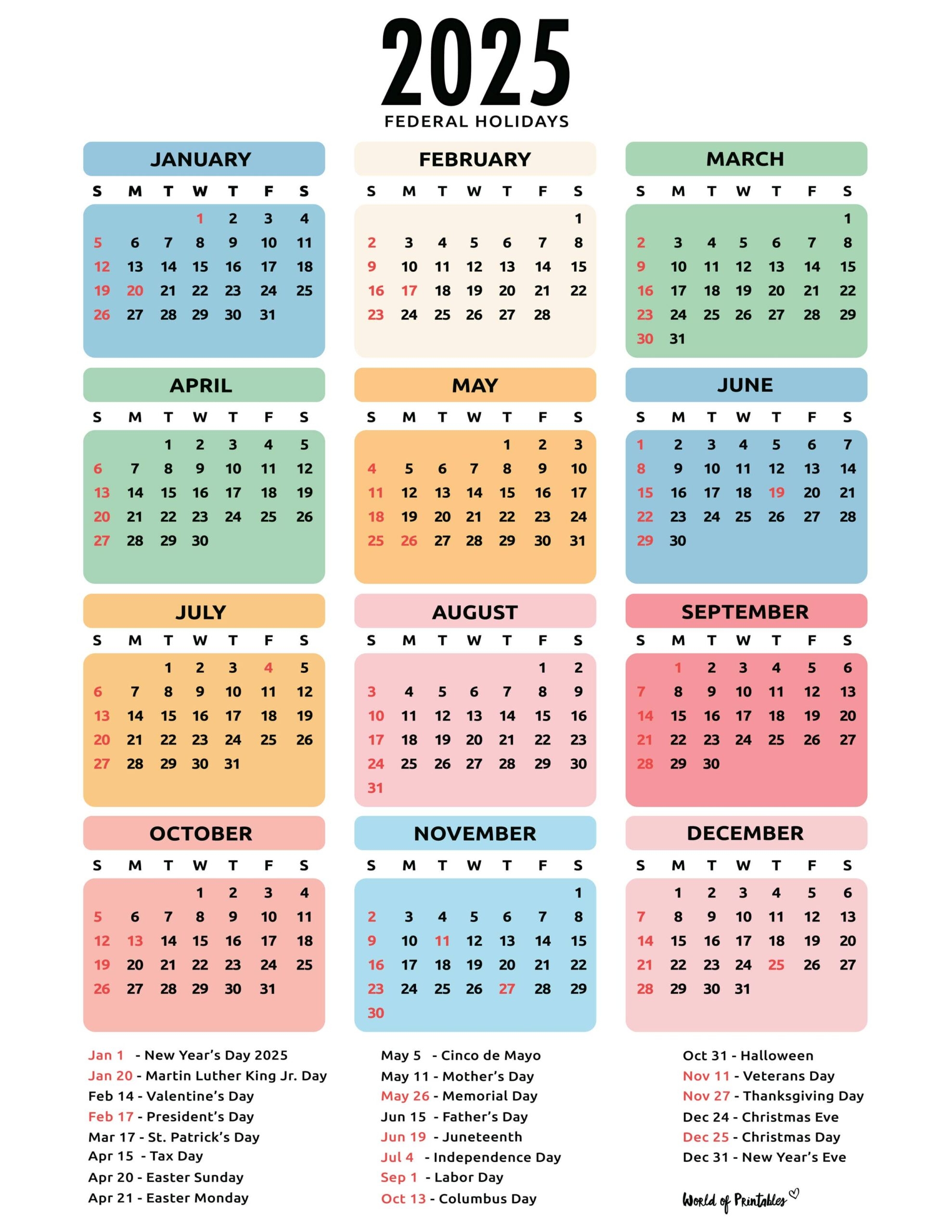 2025 Calendar With Holidays Free Printables In 28 Unique Styles World Of Printables