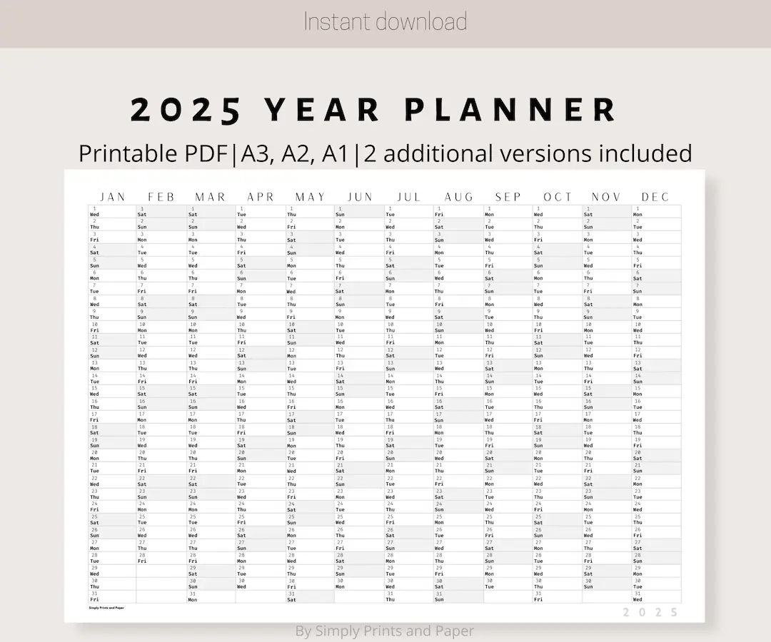 2025 Classic Wall Calendar Printable Yearly Planner Black White Large Wall Calendar Print A3 A2 A1 Annual Planner Horizontal Etsy