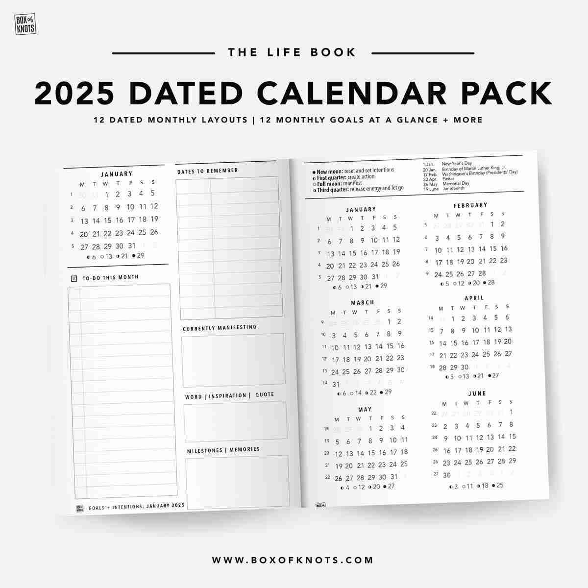 2025 Dated Monthly Calendar Bonus Pack BOX OF KNOTS