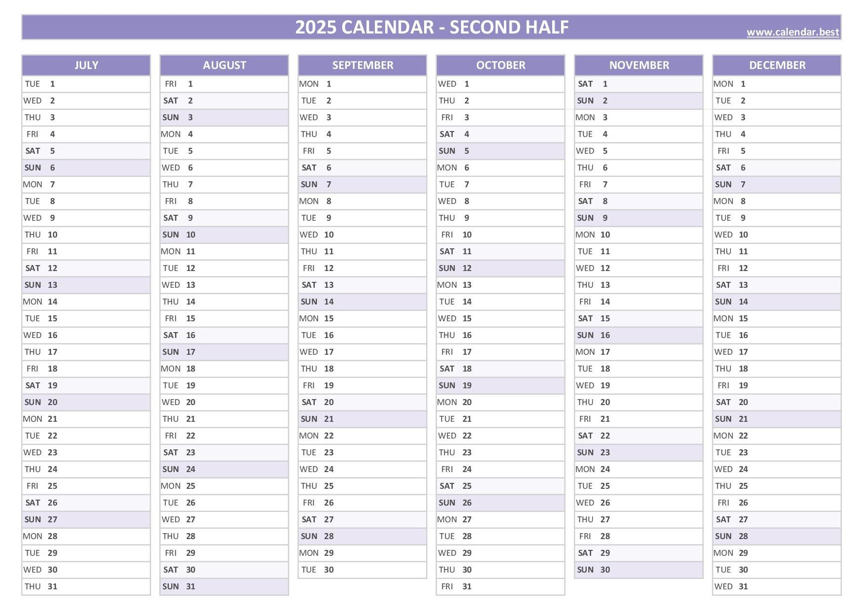 2025 half year calendar to print
