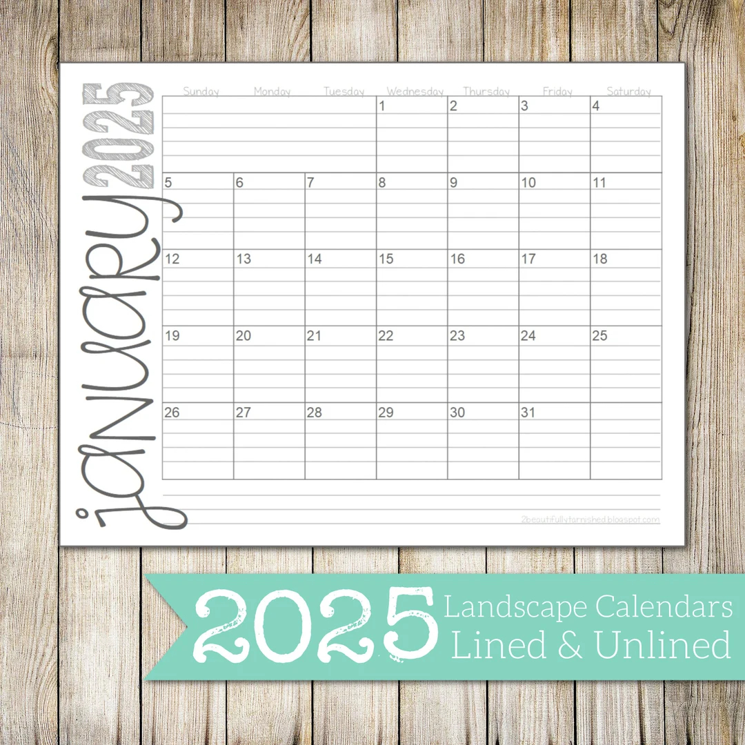 2025 Landscape Lined Unlined Monthly Calendars 8 5x11 LANDSCAPE Jan Dec PDF Printable Download Etsy