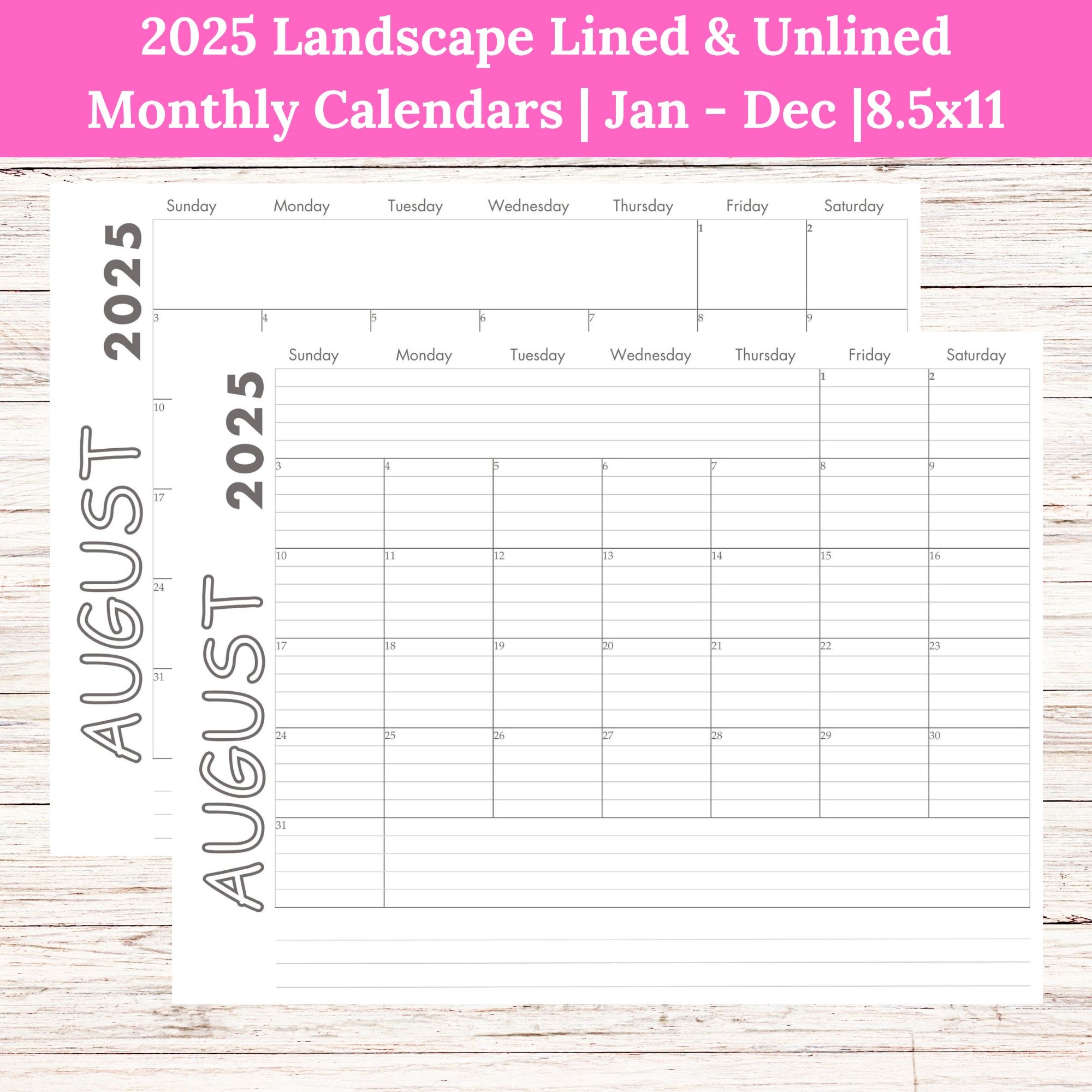 2025 Landscape Lined Unlined Monthly Calendars Jan Dec PDF Printable Download