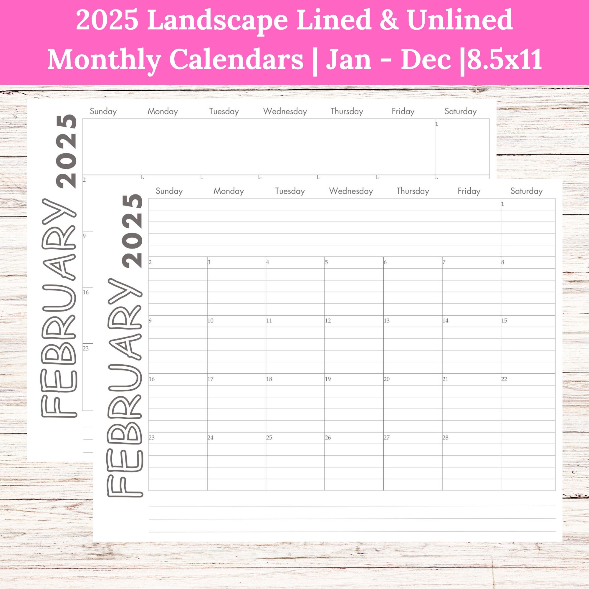 2025 Landscape Lined Unlined Monthly Calendars Jan Dec PDF Printable Download