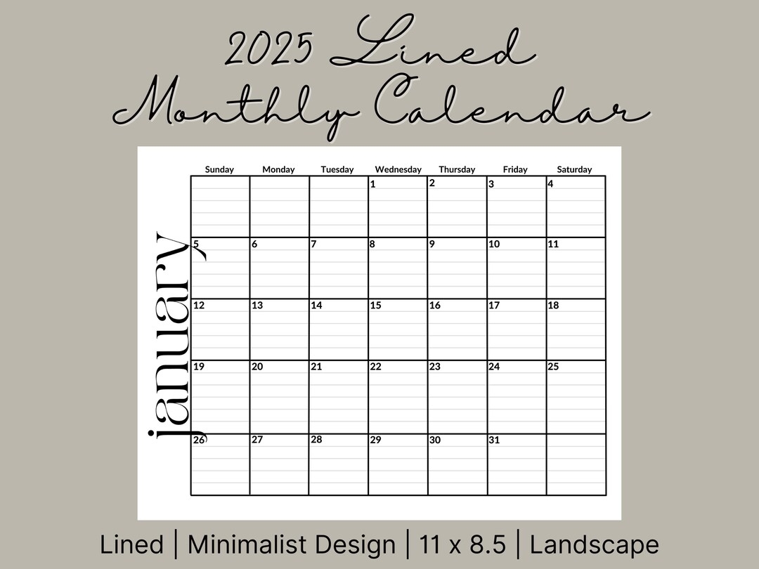 2025 Lined Monthly Calendar Printable Minimalist Teacher friendly Landscape PDF For Easy Planning Printable 2025 Monthly Calendar Etsy