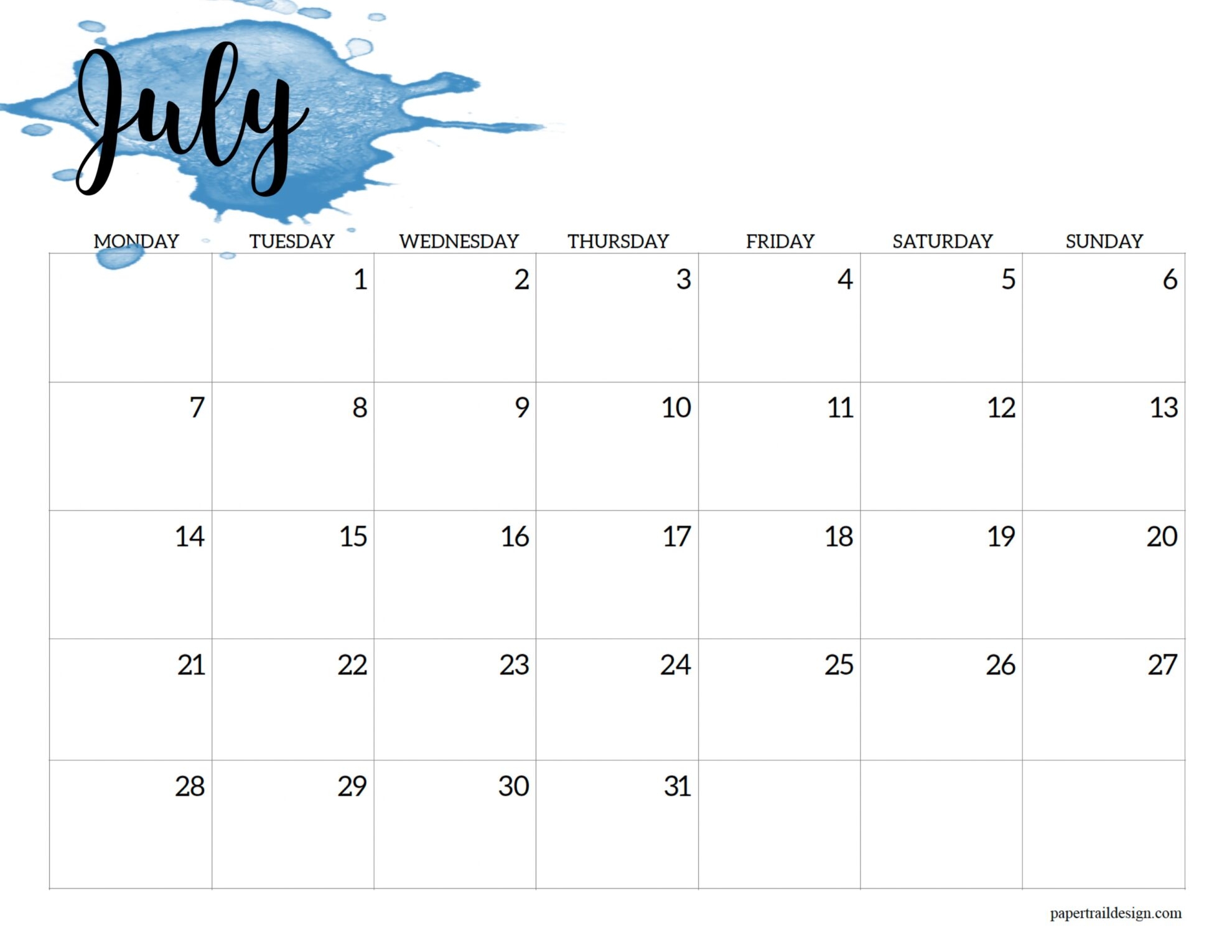 2025 Monday Start Calendar Printable Watercolor Paper Trail Design