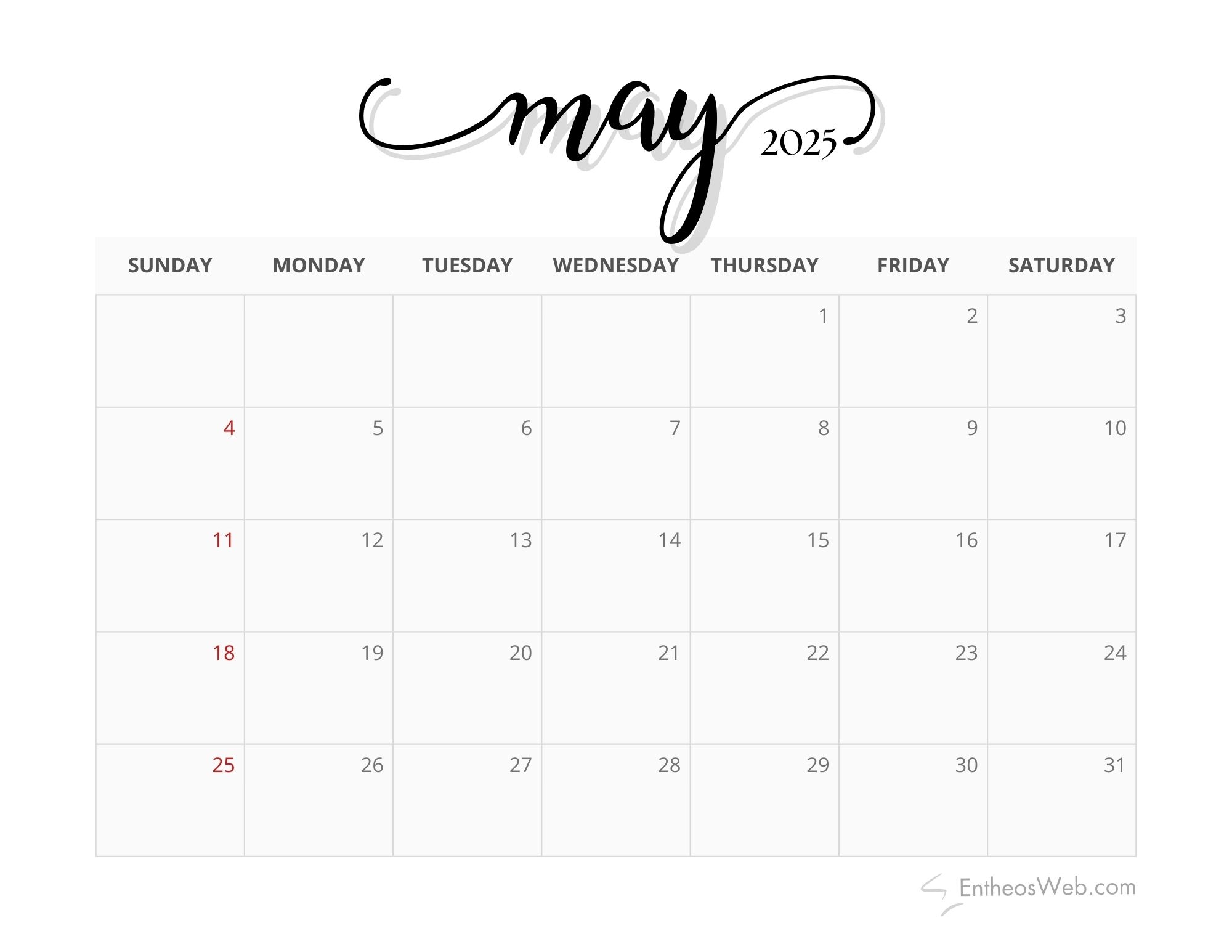 2025 13 X 10 Monthly Calendar Printable