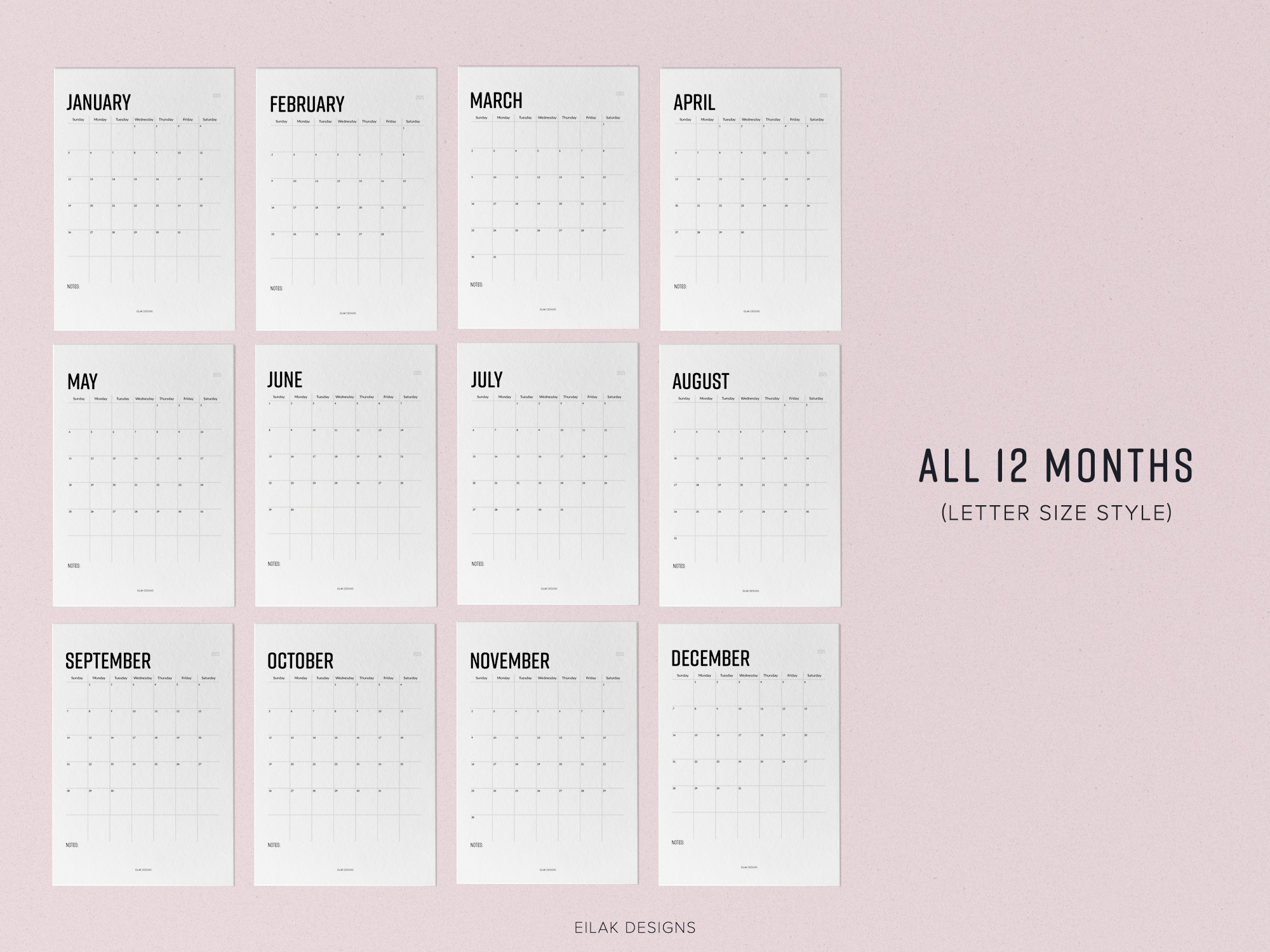 2025 Monthly Calendar Minimalistic Digital Download