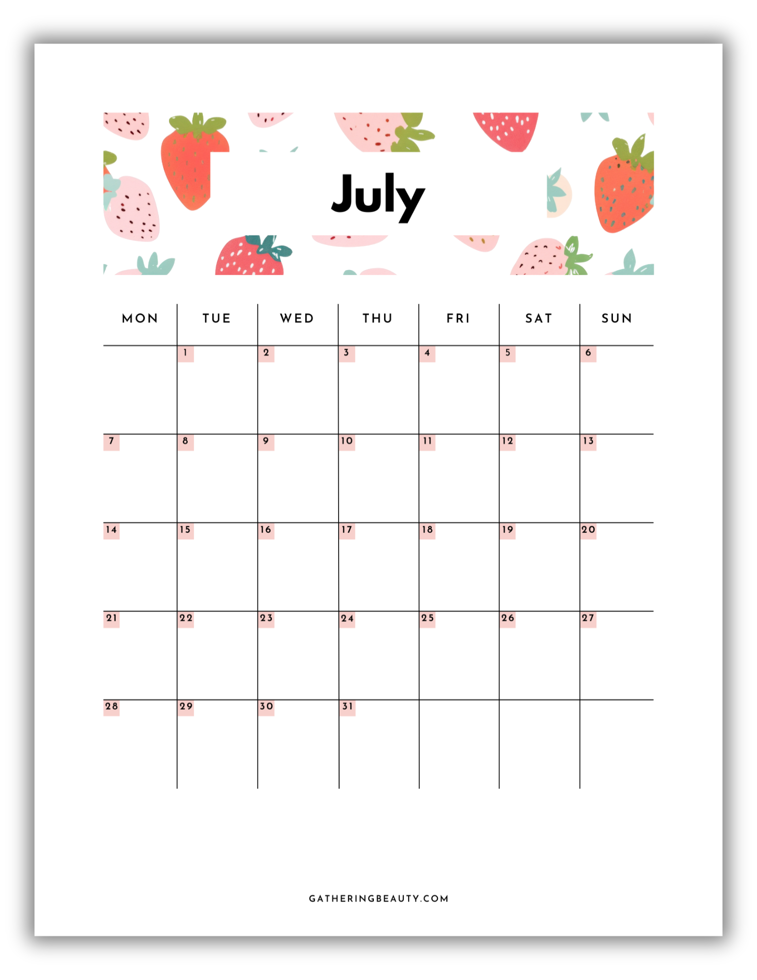 2025 Portrait Printable Calendar