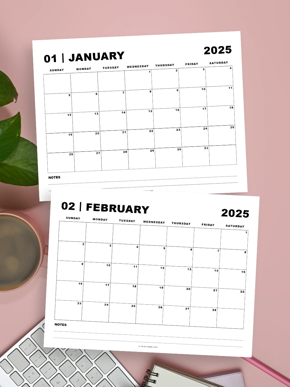 2025 monthly calendar with notes printybird