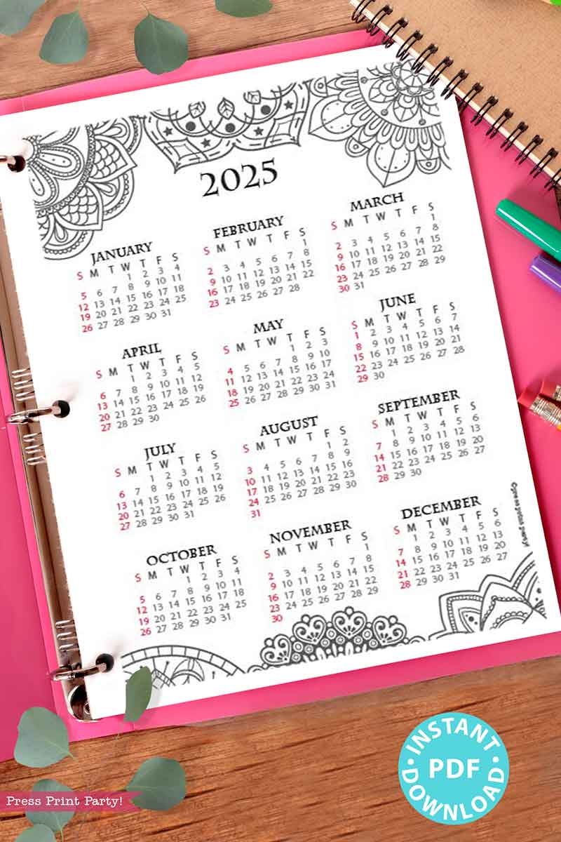 2025 One Page Calendar At a glance Printable Mandala