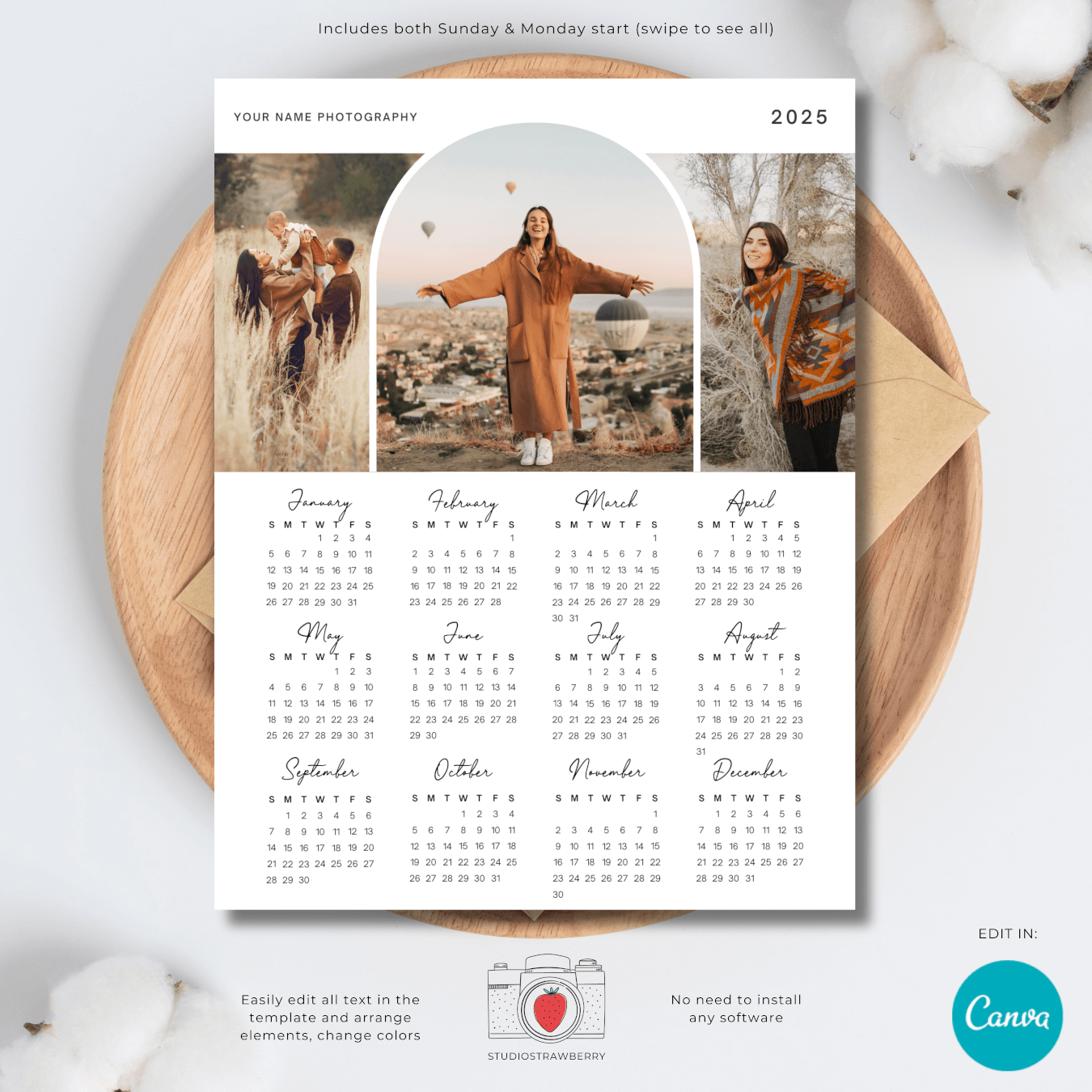2025 photo calendar template with window arch strawberry kit