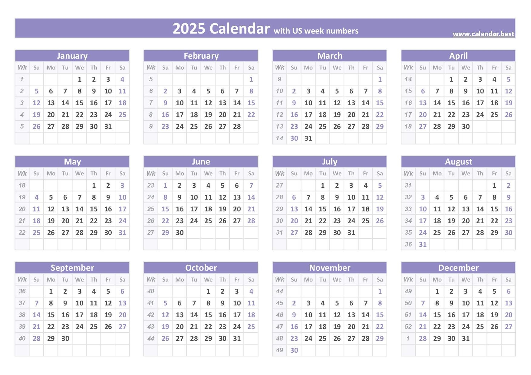 2025 printable calendar with week numbers and holidays