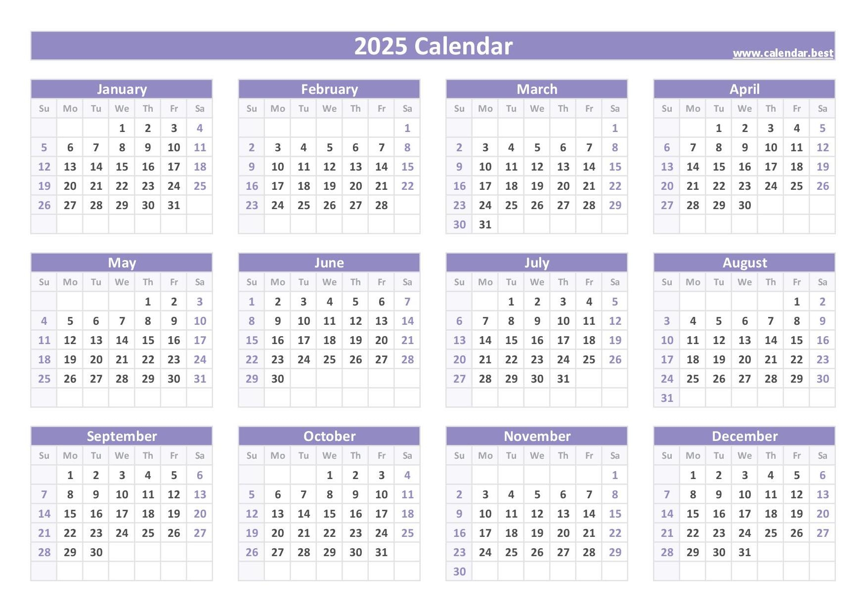 Printable Free 2025 Yearly Calendars