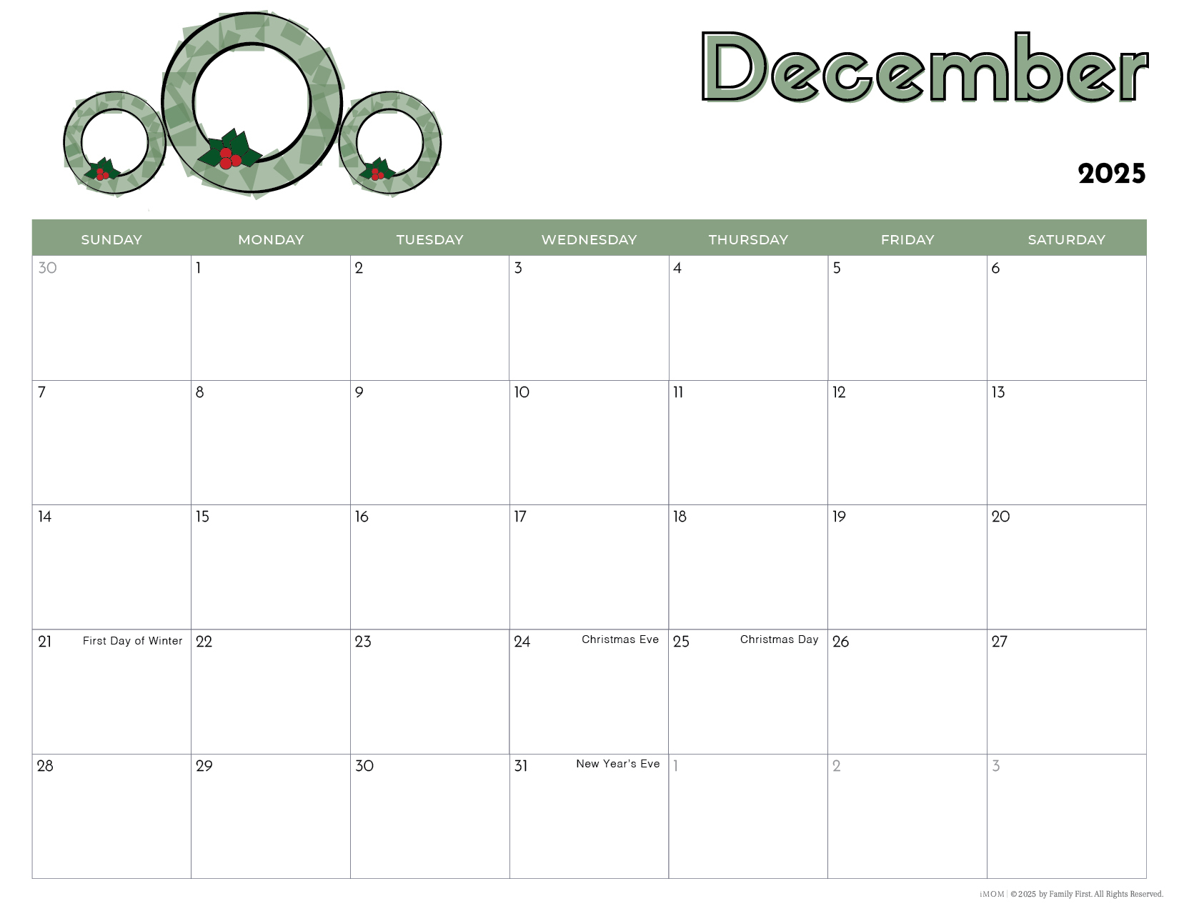 December Printable Calendar For Kids