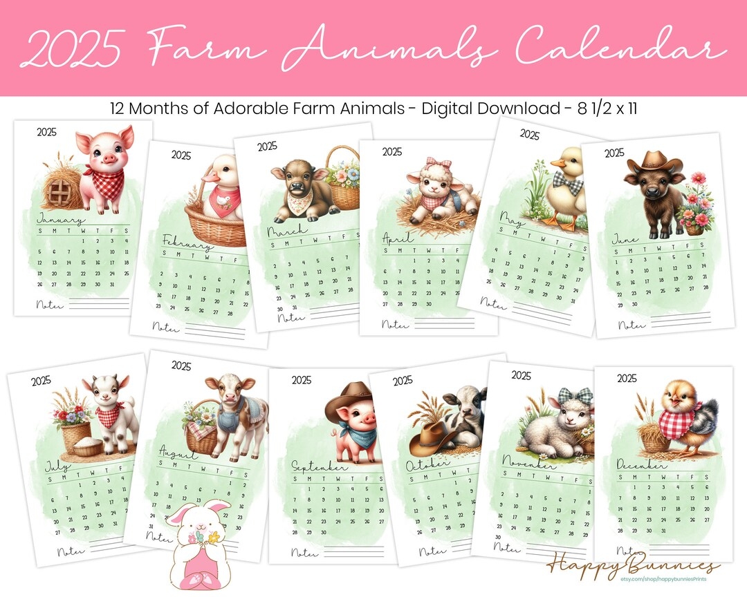 2025 Printable Farm Animals Calendar 2025 Printable Calendar 2025 Farm Animals Calendar Printable Instant Download Printable Calendars Etsy