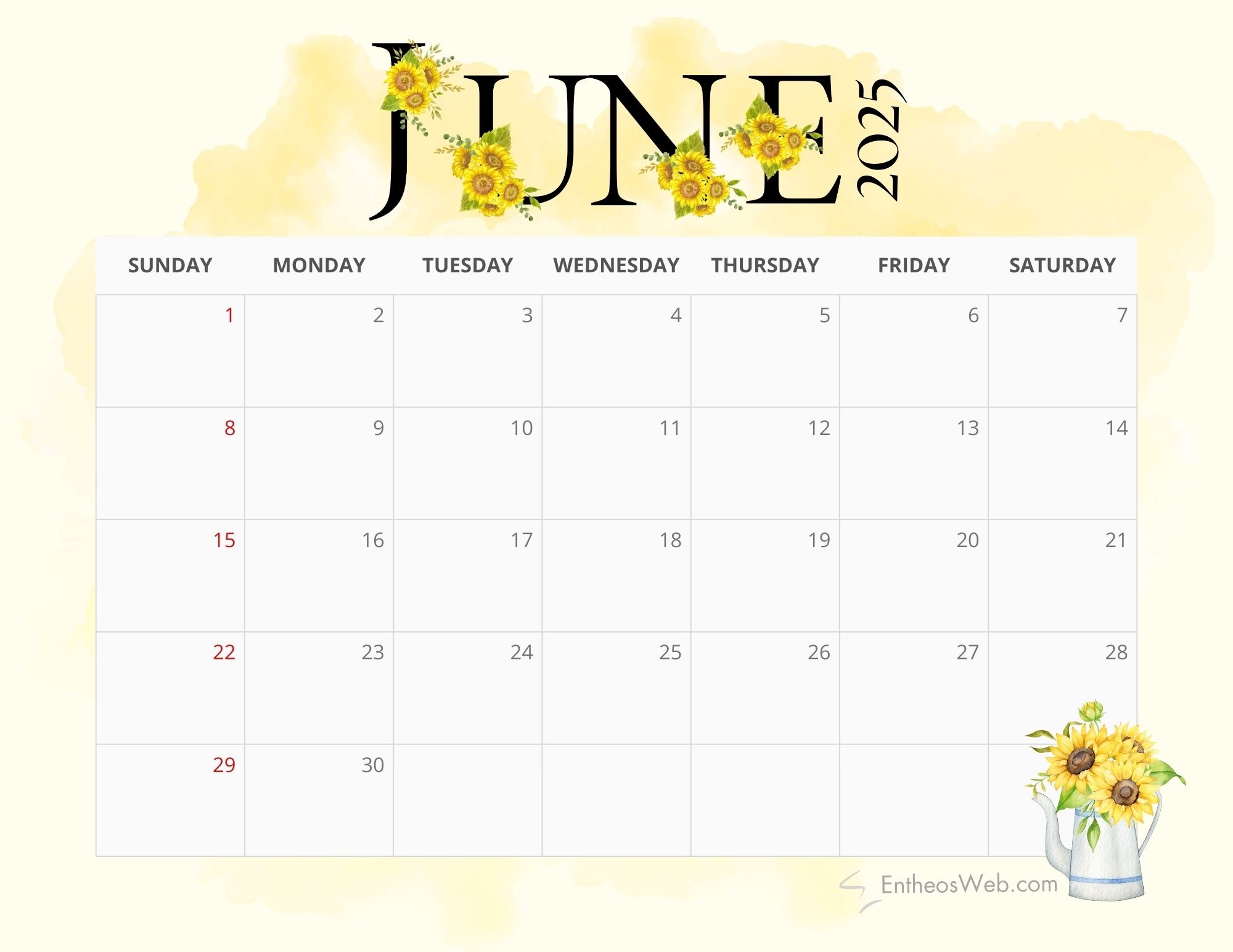 2025 Sunflowers Calendar Printable EntheosWeb