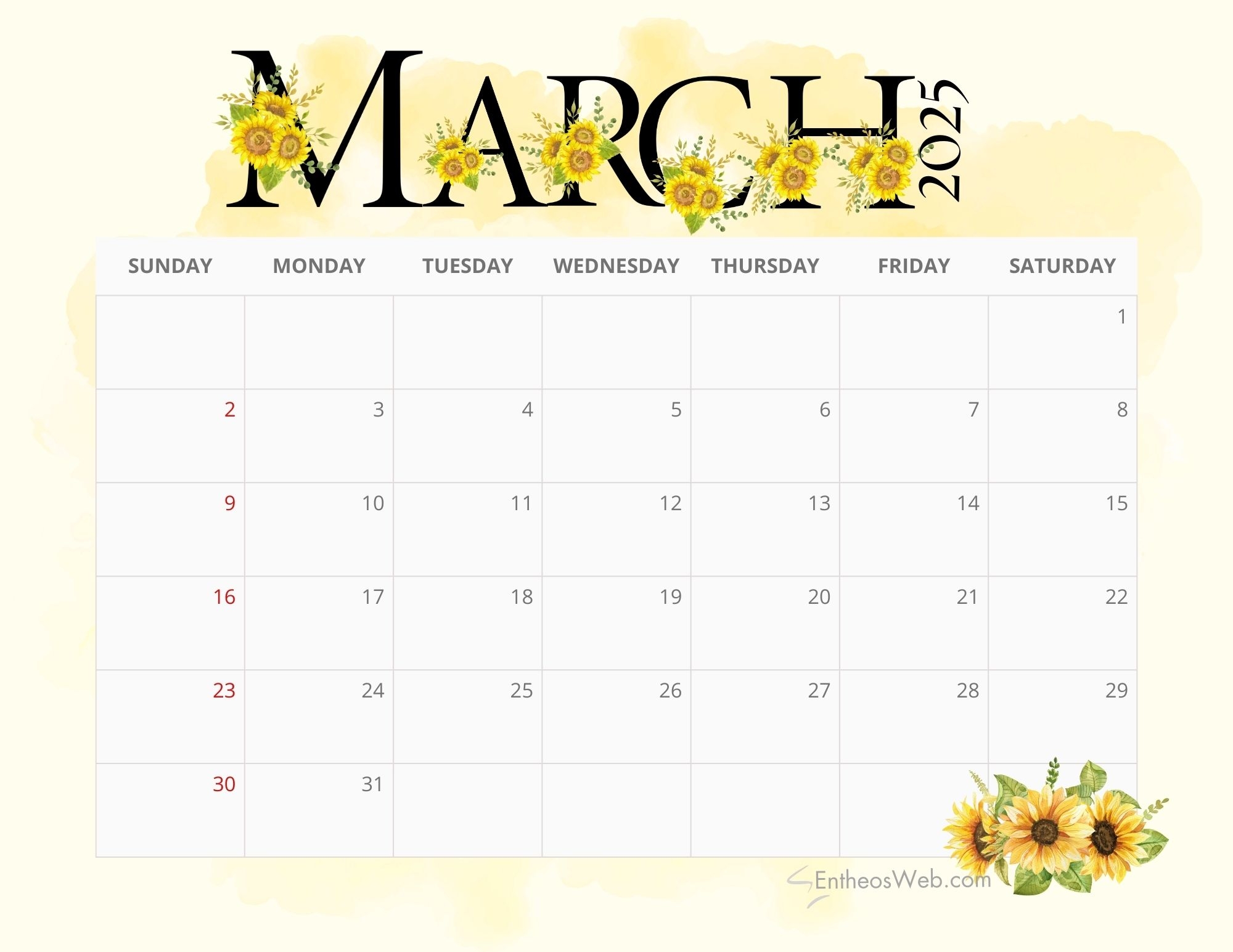 2025 Sunflowers Calendar Printable EntheosWeb